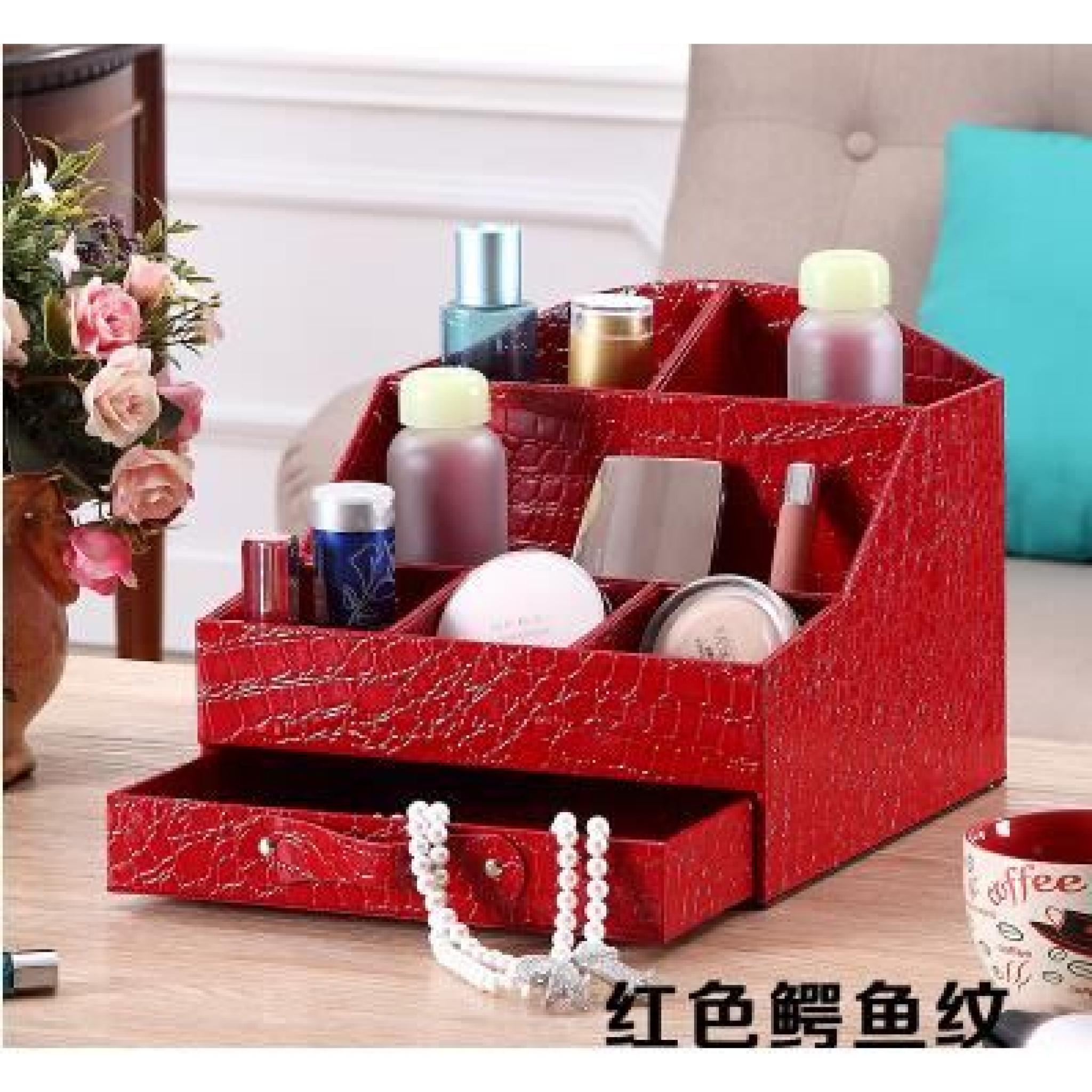Cartouches en cuir boîte de cosmétiques de stockage de tiroir dressing multifonction de bureau de bijoux (rouge)