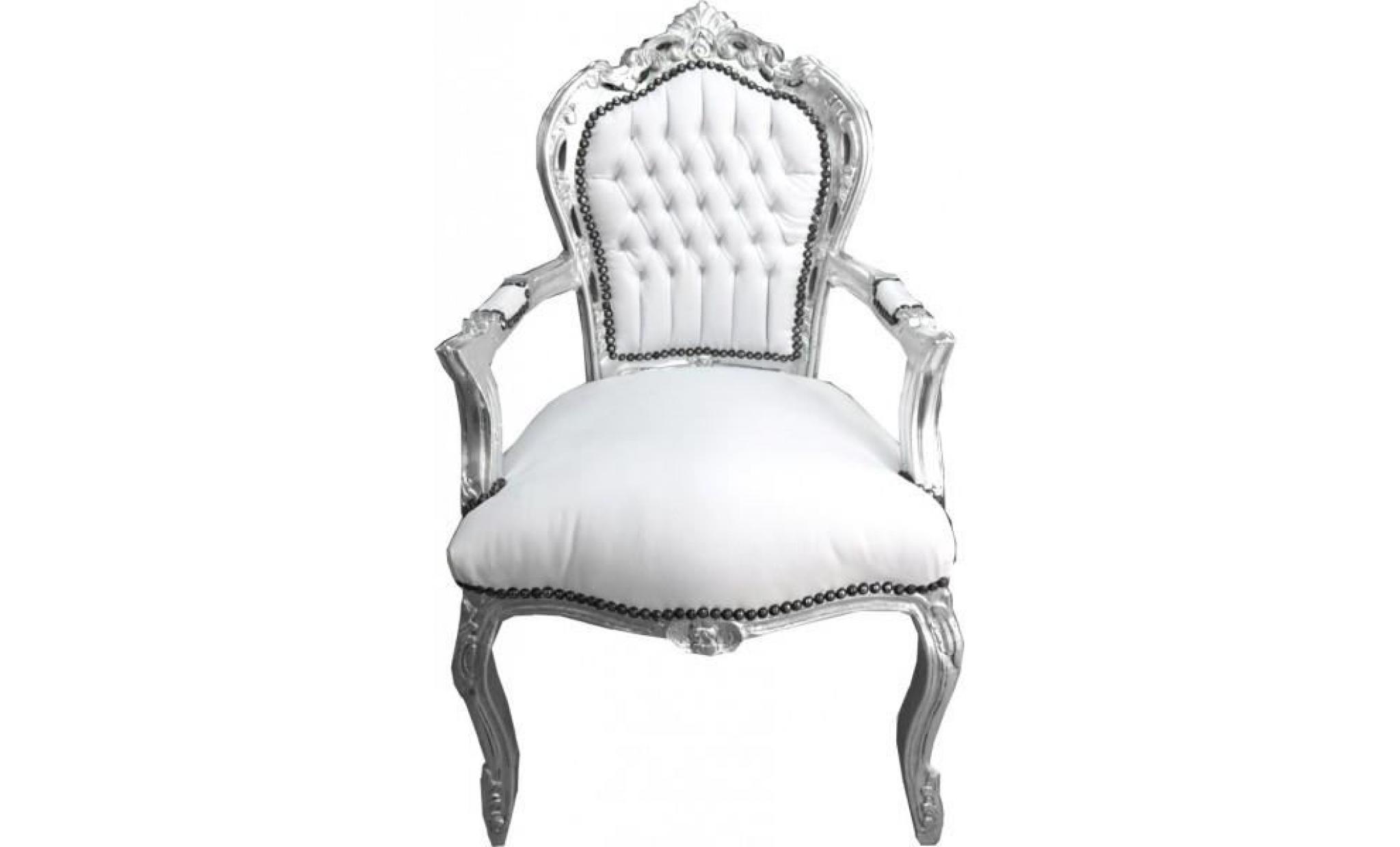 casa padrino baroque chaise avec accoudoirs dîner aspect cuir blanc / argent   style antique mobilier
