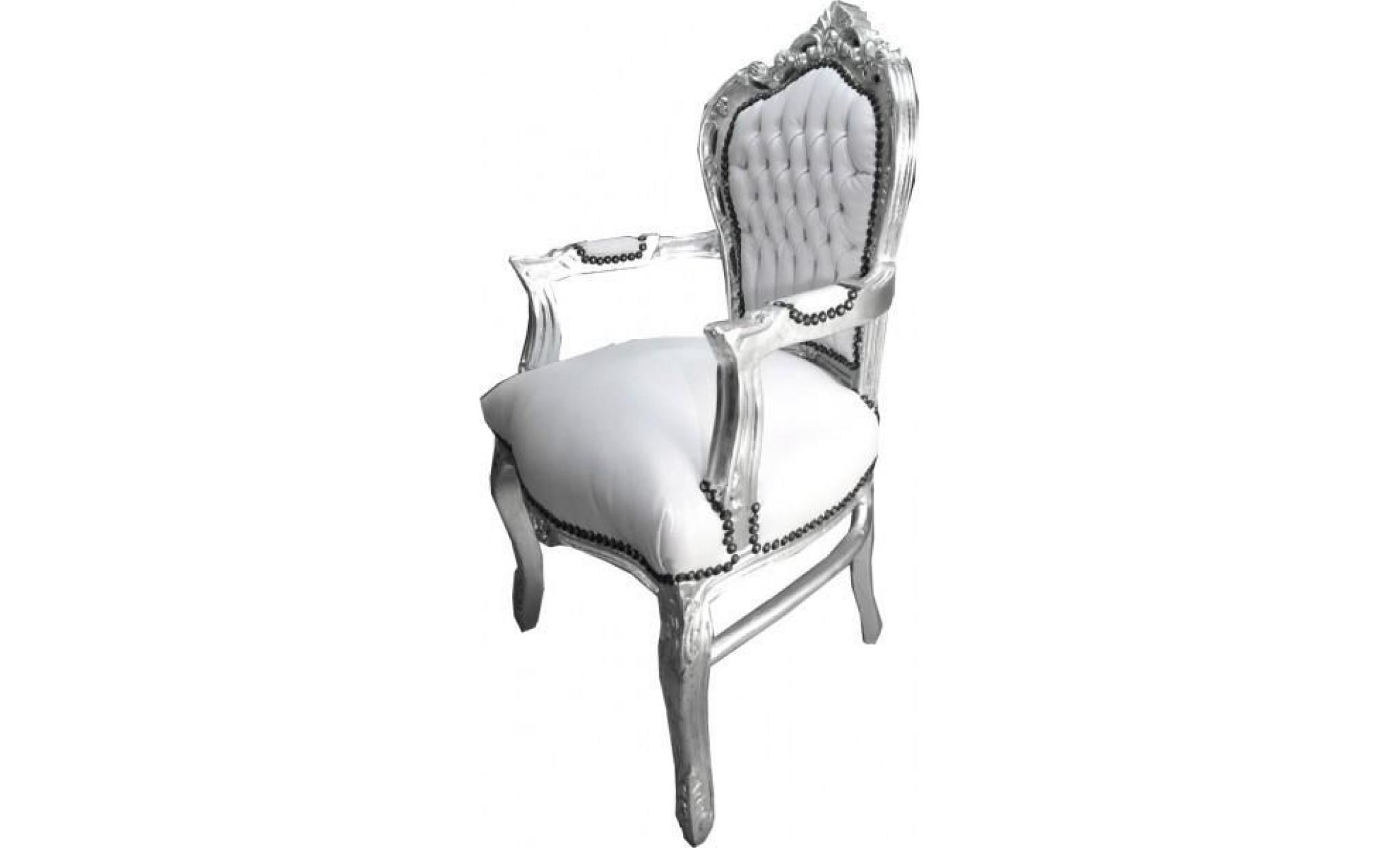 casa padrino baroque chaise avec accoudoirs dîner aspect cuir blanc / argent   style antique mobilier pas cher