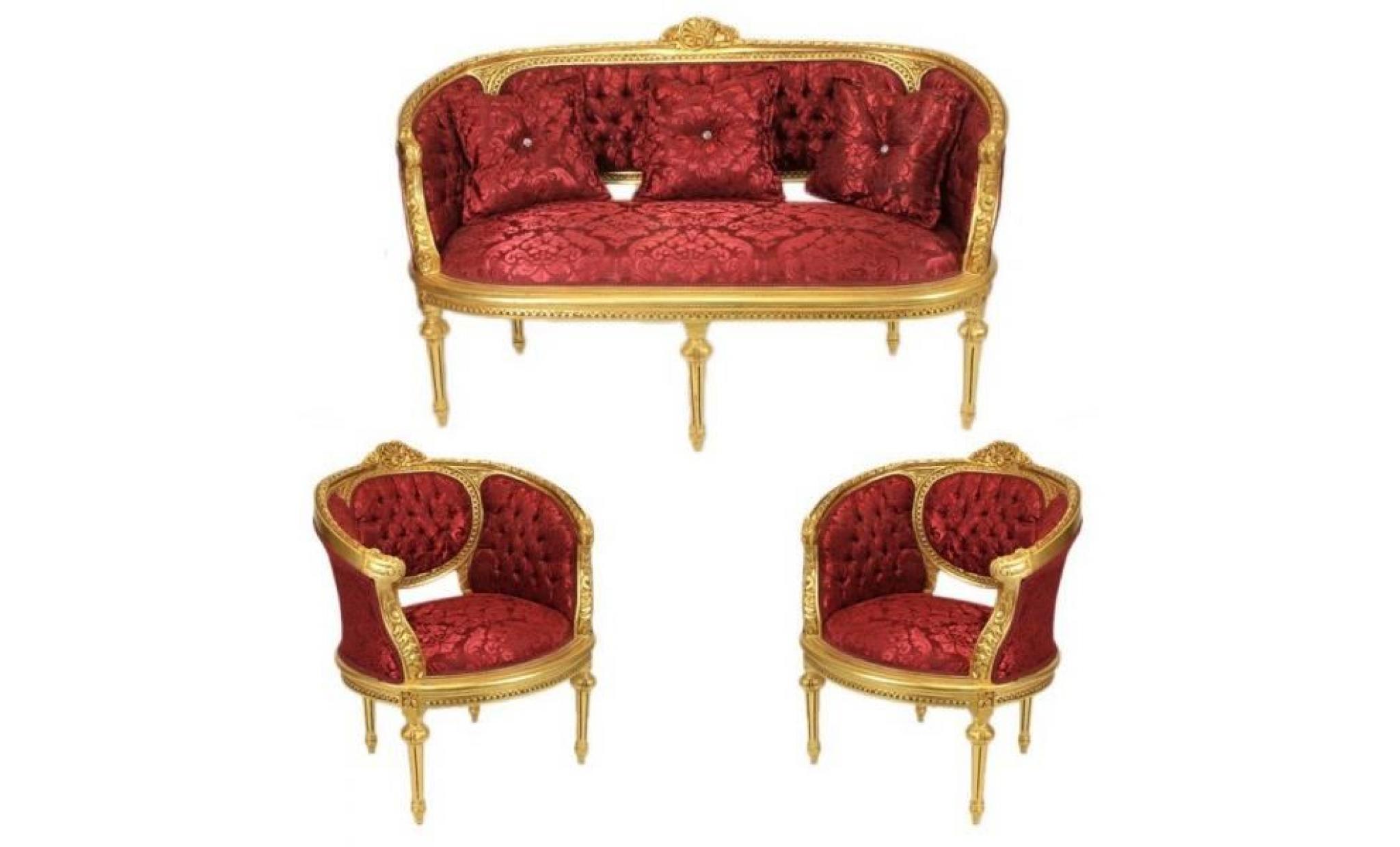 casa padrino baroque living set marseille bordeaux pattern / gold   sofa + 2 armchairs