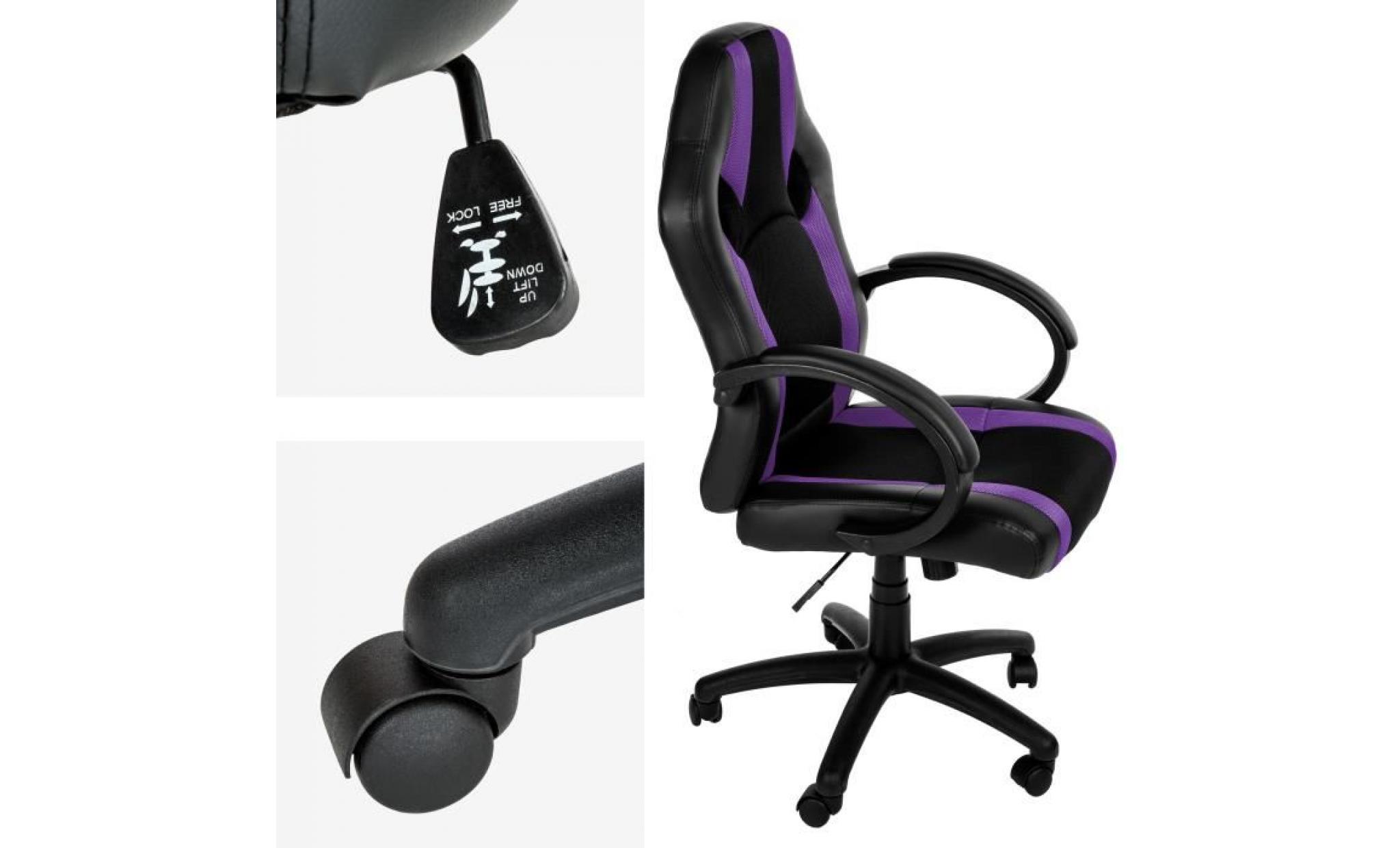 chaise de bureau, fauteuil de bureau racing sport ergonomique   hauteur réglable   inclinable pivotante noir violet tectake pas cher