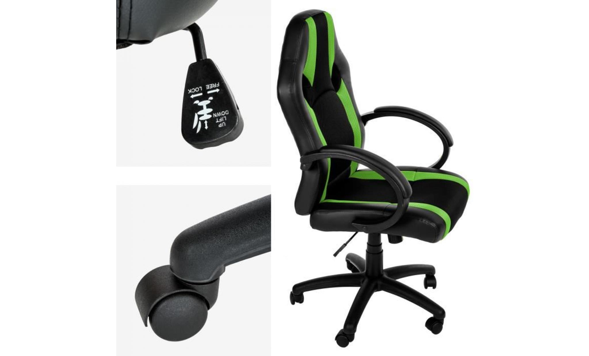 chaise de bureau, fauteuil de bureau racing sport ergonomique   hauteur réglable   inclinable pivotante noir vert tectake pas cher