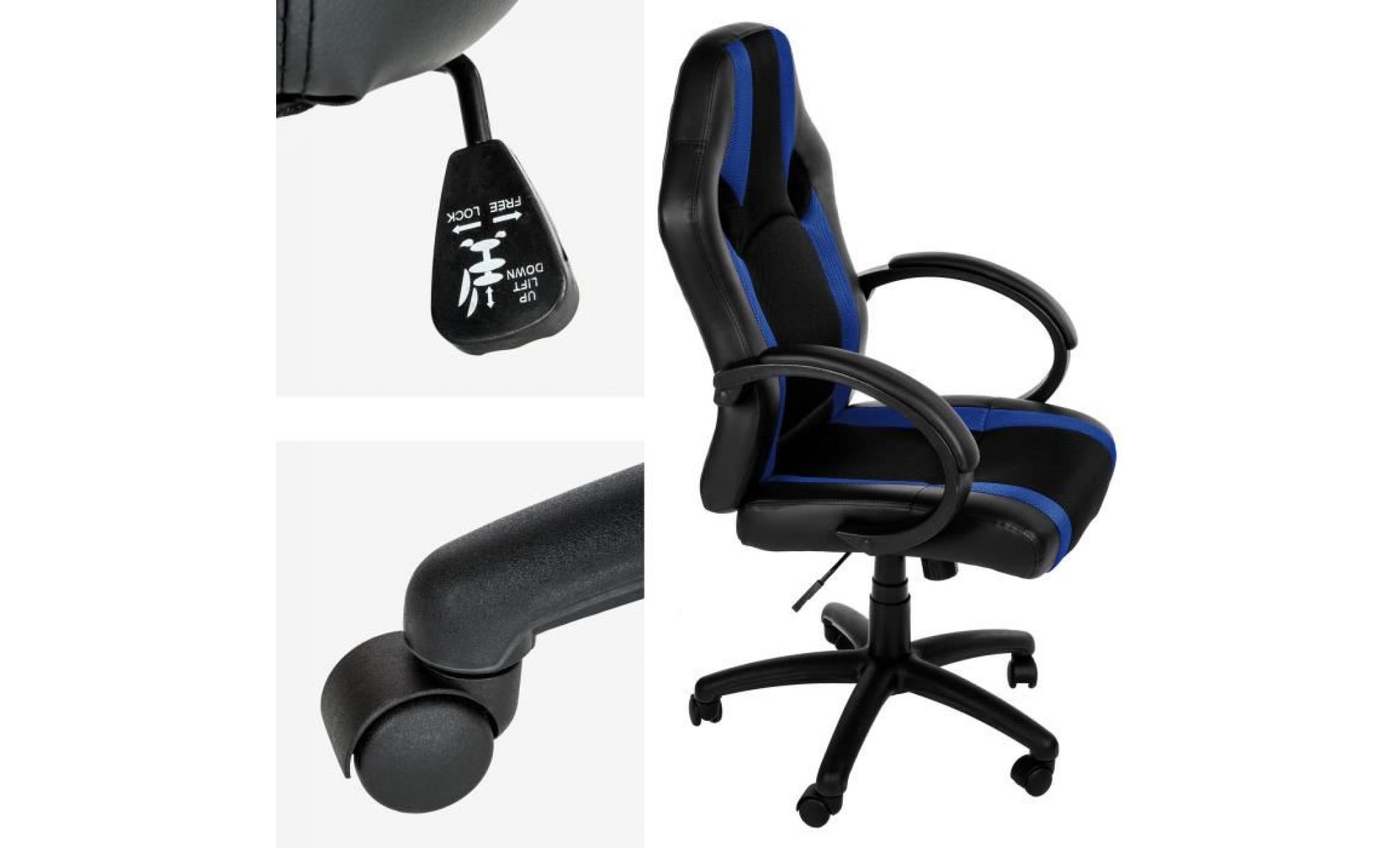 chaise de bureau, fauteuil de bureau racing sport ergonomique   hauteur réglable   inclinable pivotante noir bleu tectake pas cher
