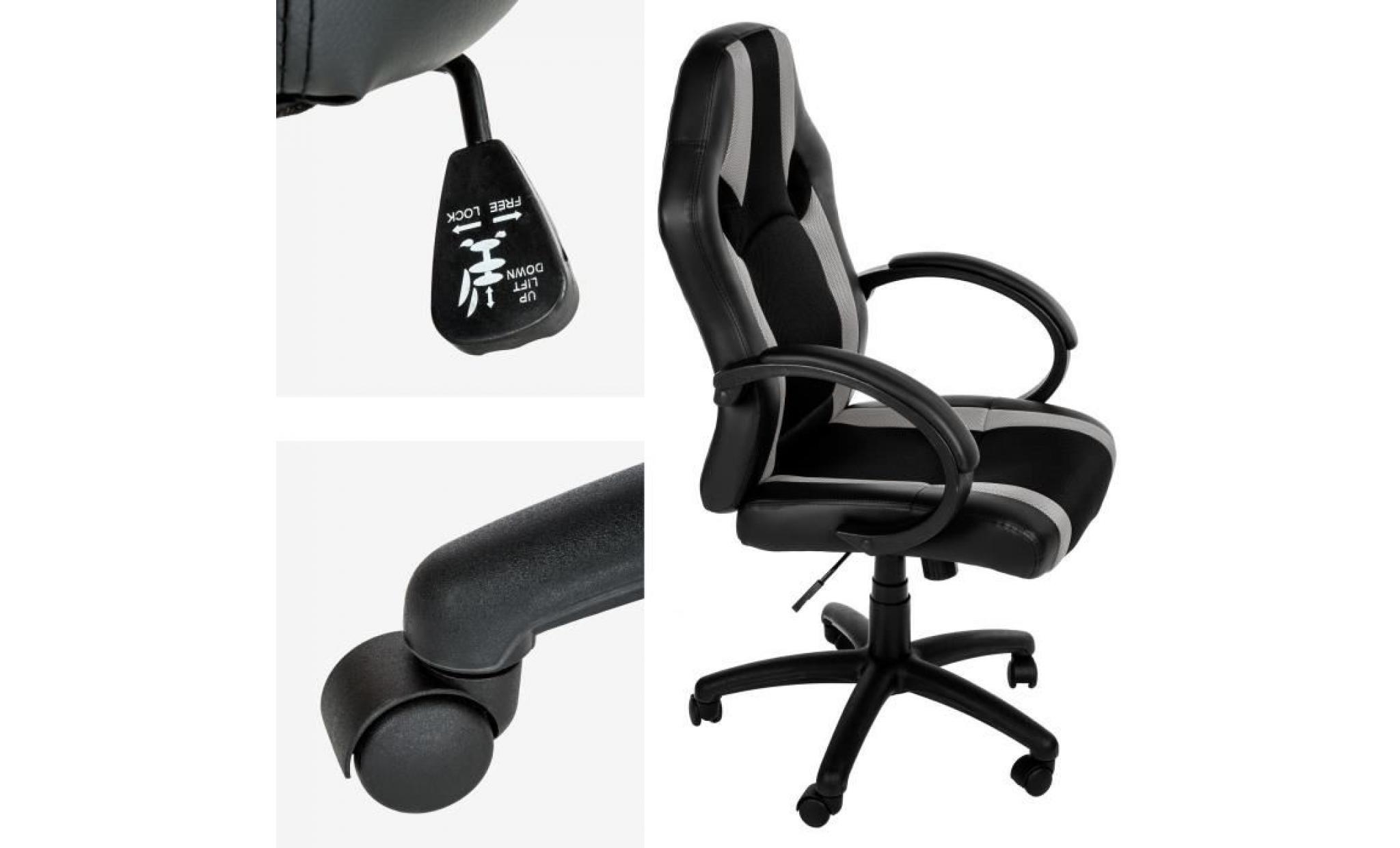 chaise de bureau, fauteuil de bureau racing sport ergonomique   hauteur réglable   inclinable pivotante noir gris tectake pas cher