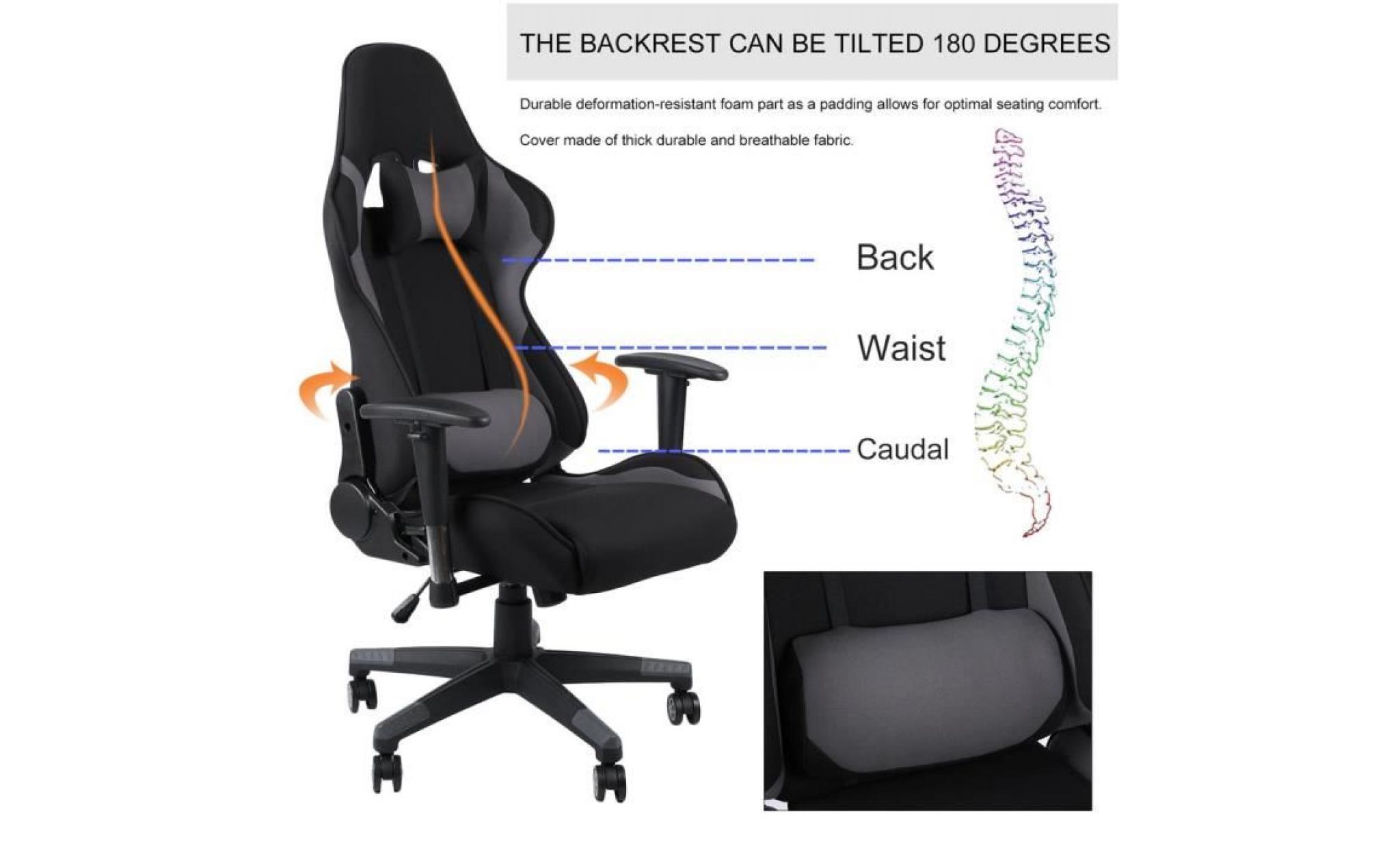 chaise de bureau avec appui tête et pad arrière en tissu noire et grise