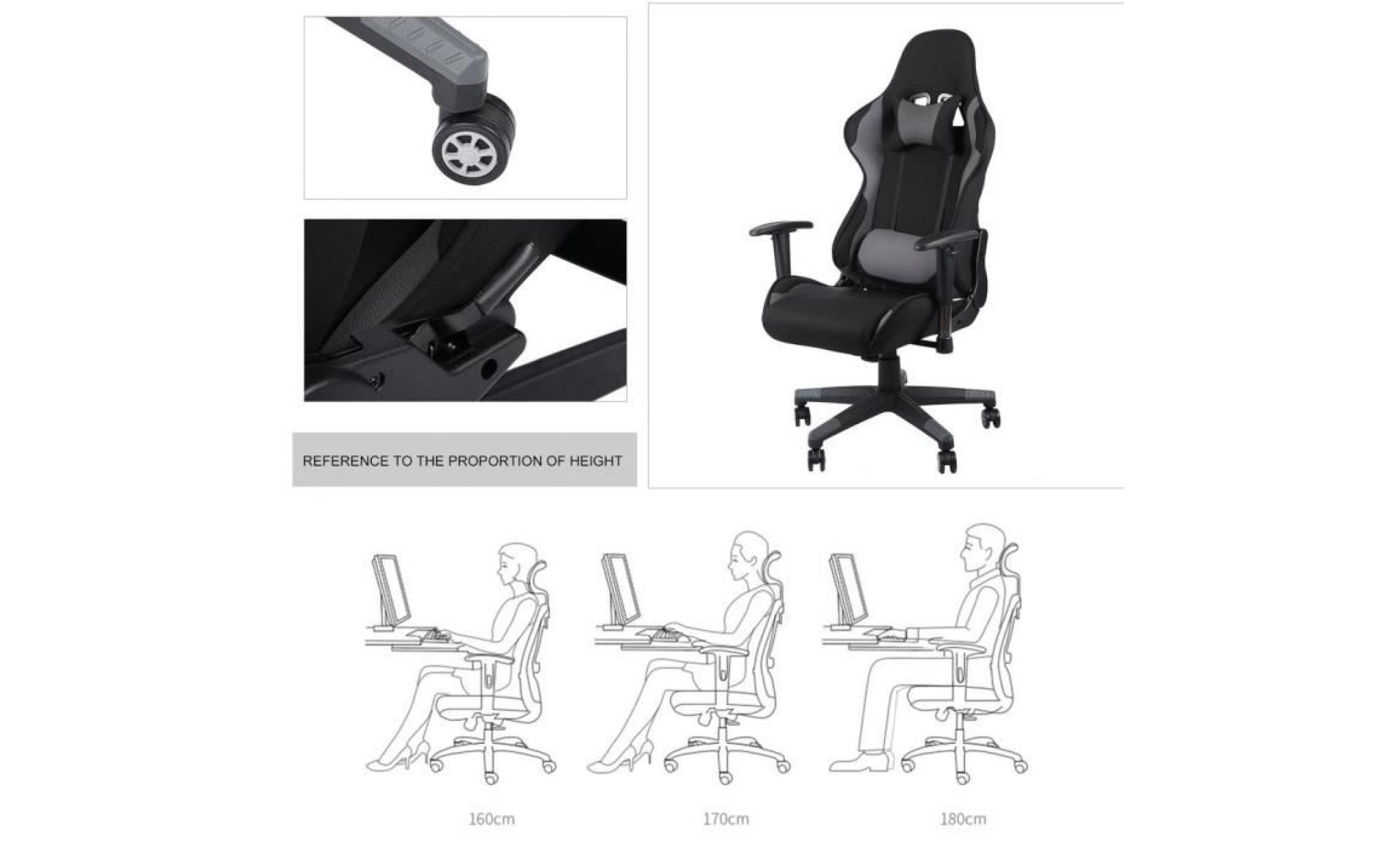 chaise de bureau avec appui tête et pad arrière en tissu noire et grise pas cher