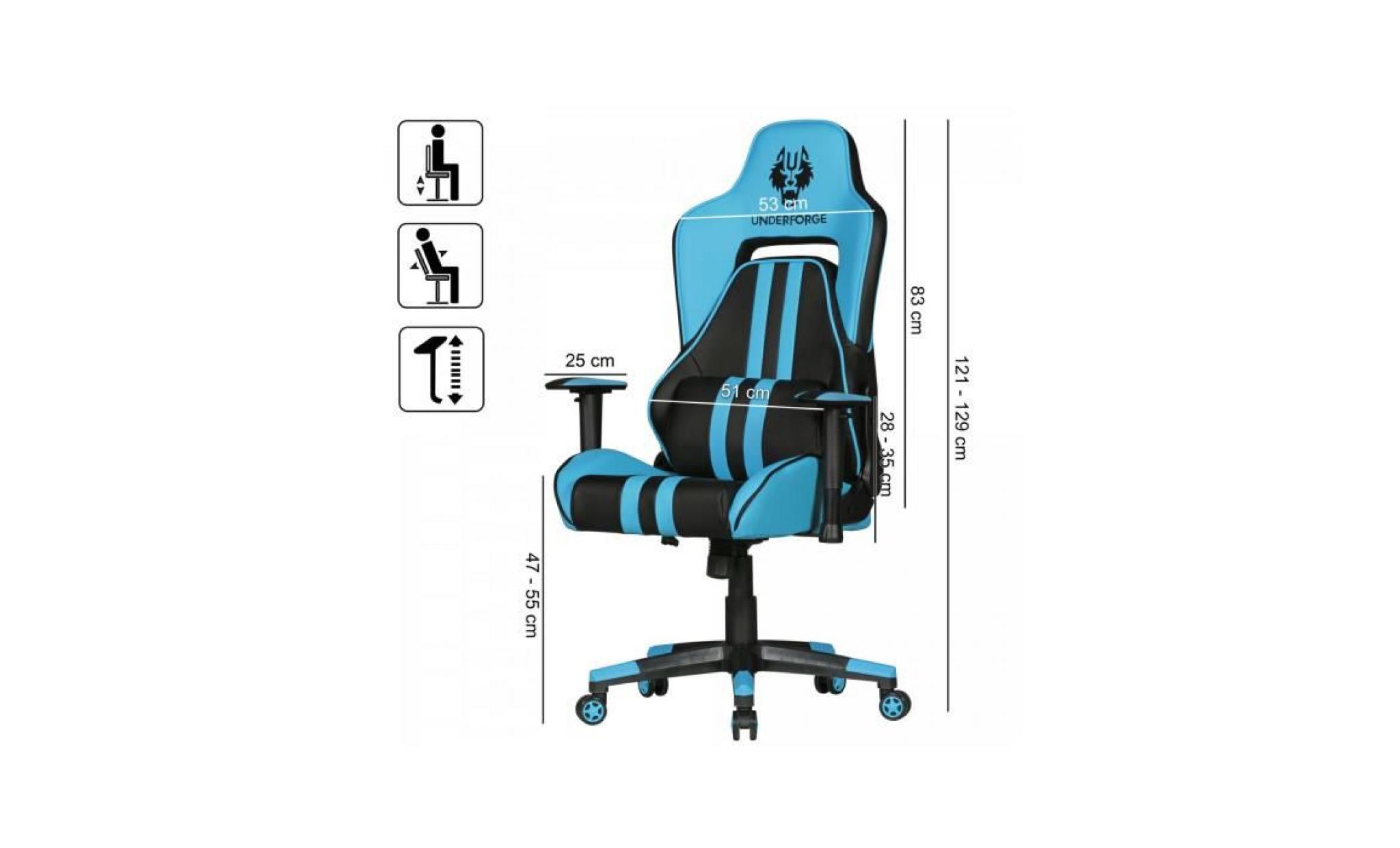 chaise de bureau baquet racer pour gamer avec coussins l. 70 x p. 70 x h. 121   129 cm coloris bleu et noir collection c logue pas cher