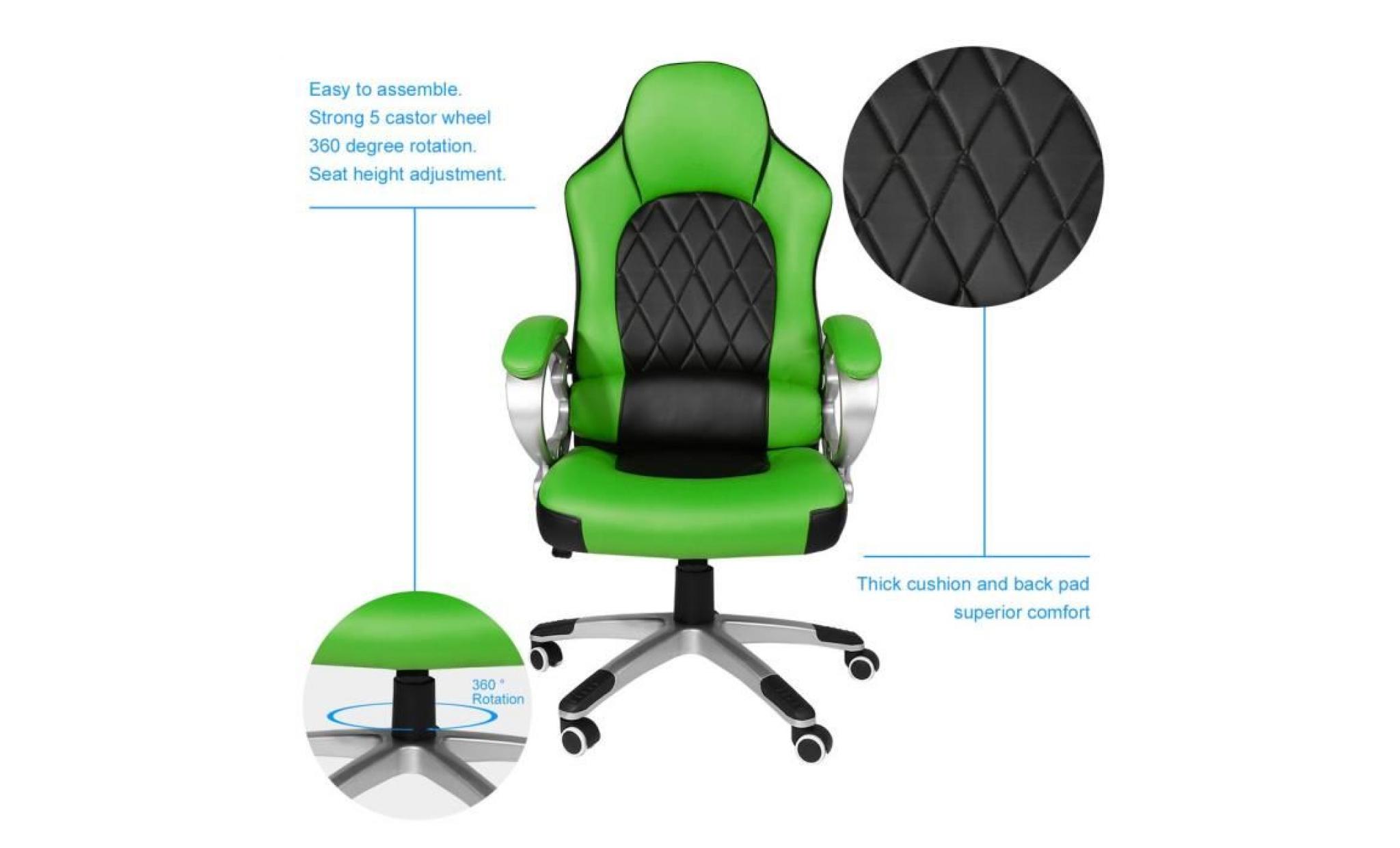 chaise de bureau chaise de course avec accoudoir réglable à hauteur   noir et vert pas cher