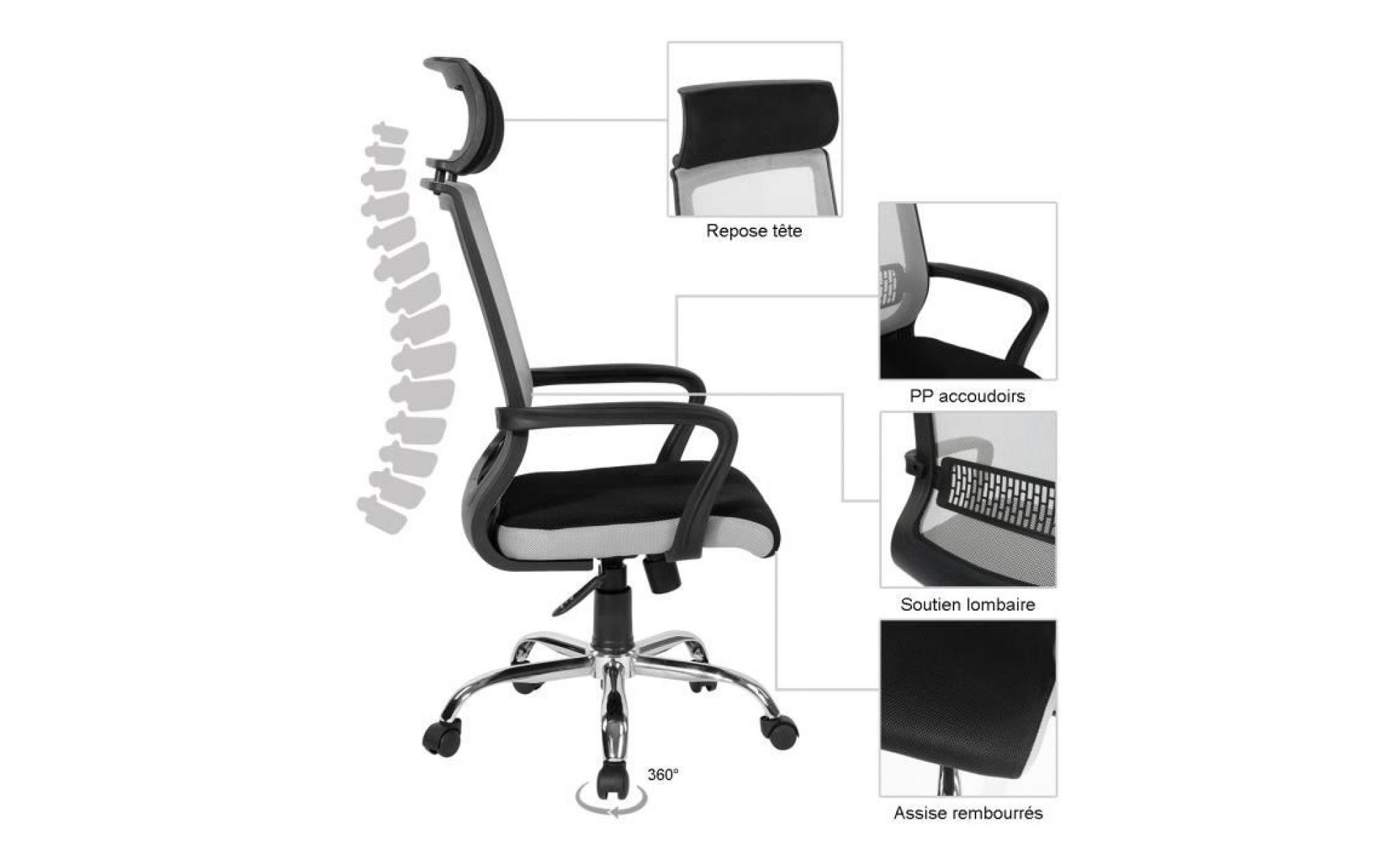 chaise de bureau en tissu respiran noir ergonomique avec fonction d'inclinaison rotation 360 degrés hauteur réglable accoudoirs pas cher