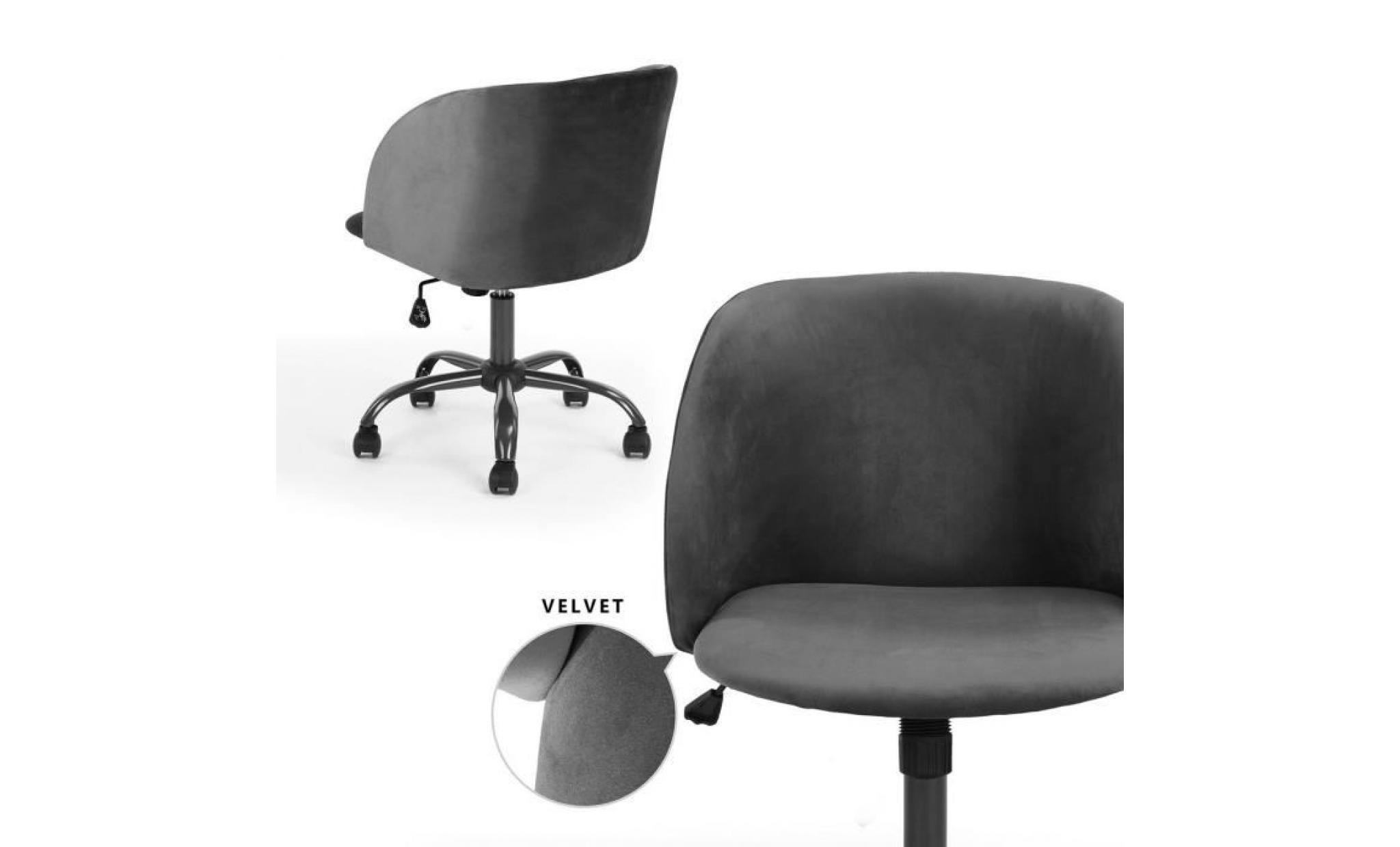 chaise de bureau fauteuil secrétaire tissu velours  métal hauteur réglable  siège pivotant mobile roulant roulettes gris pas cher