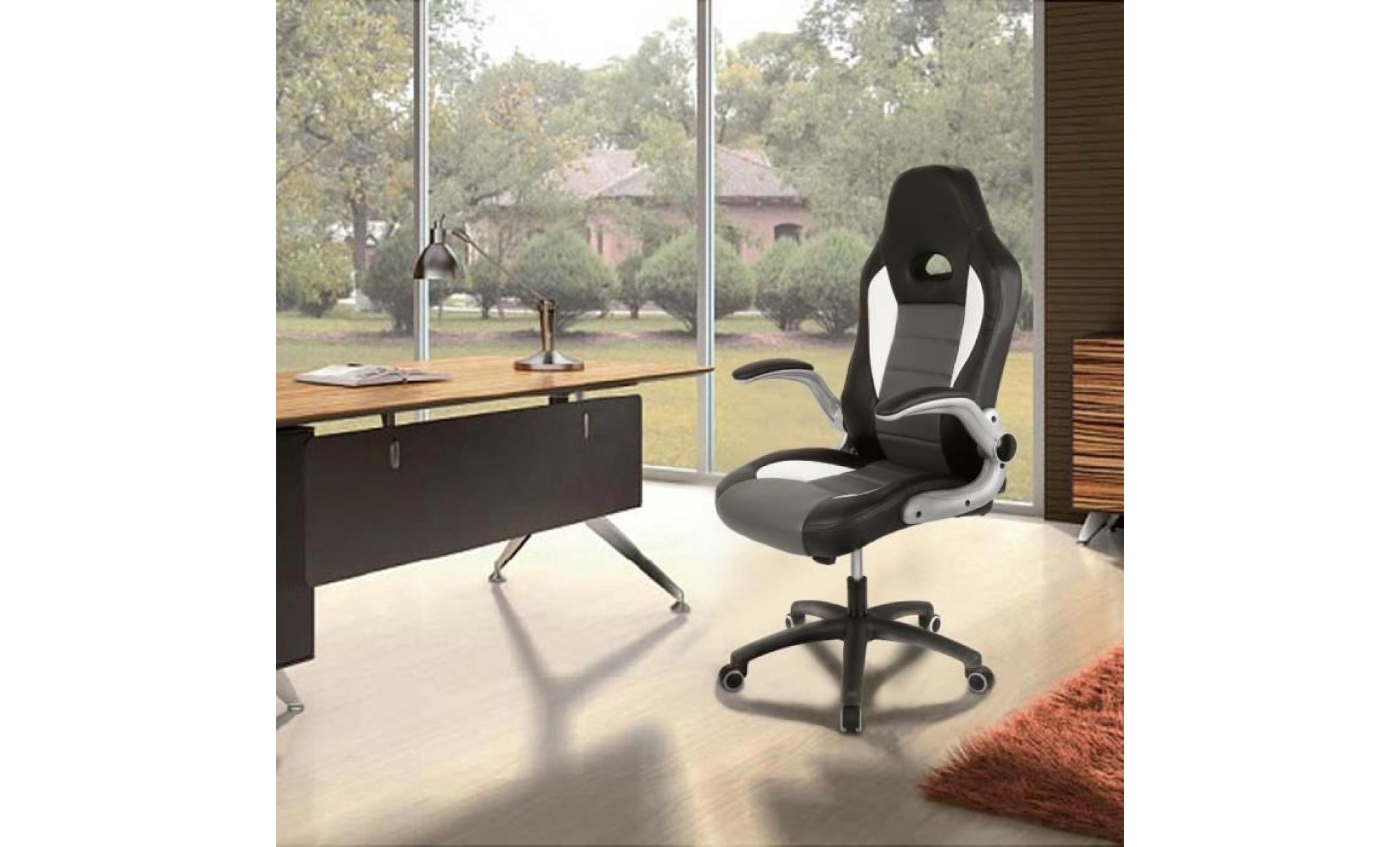 chaise de bureau gaming ergonomique, style racing, siège gamer, accoudoirs noir,blanc et gris pas cher
