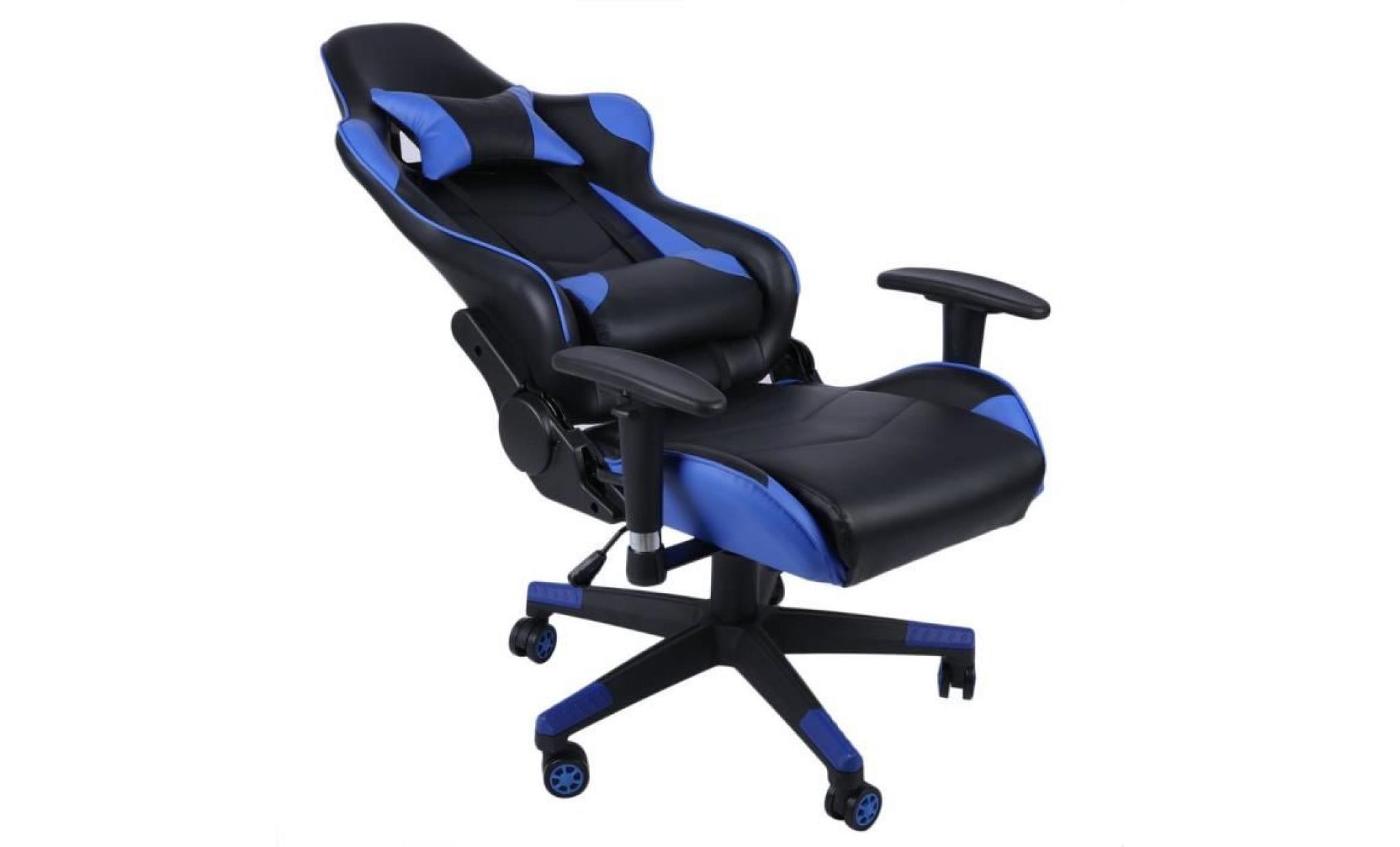 chaise de bureau gaming fauteuil hauteur réglable confortable pivot d'appui tête à 150 ° haut dossier bleu