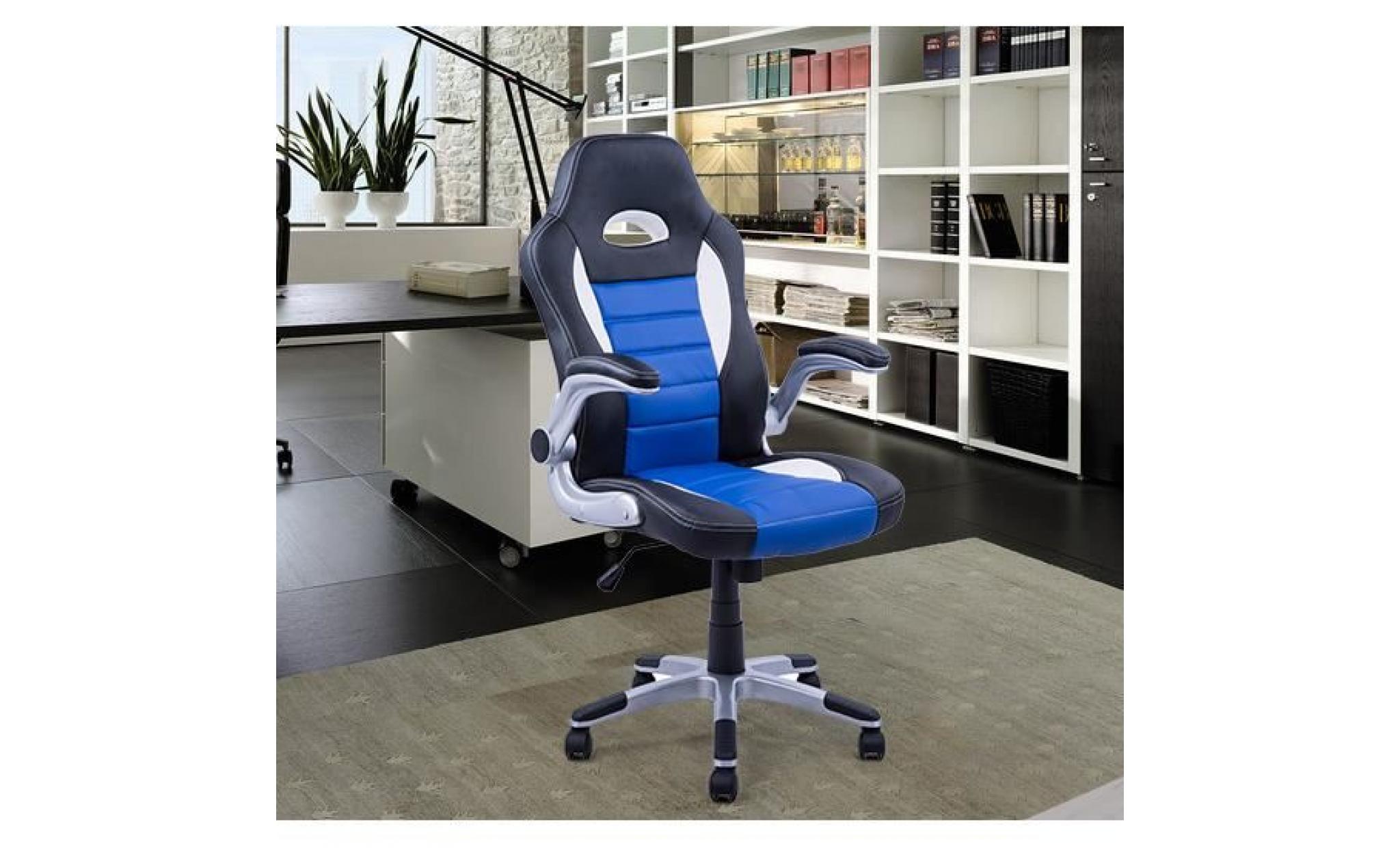 chaise/fauteuil de bureau pivotante hauteur réglable surface en pu facile à nettoyer noir et bleu 91
