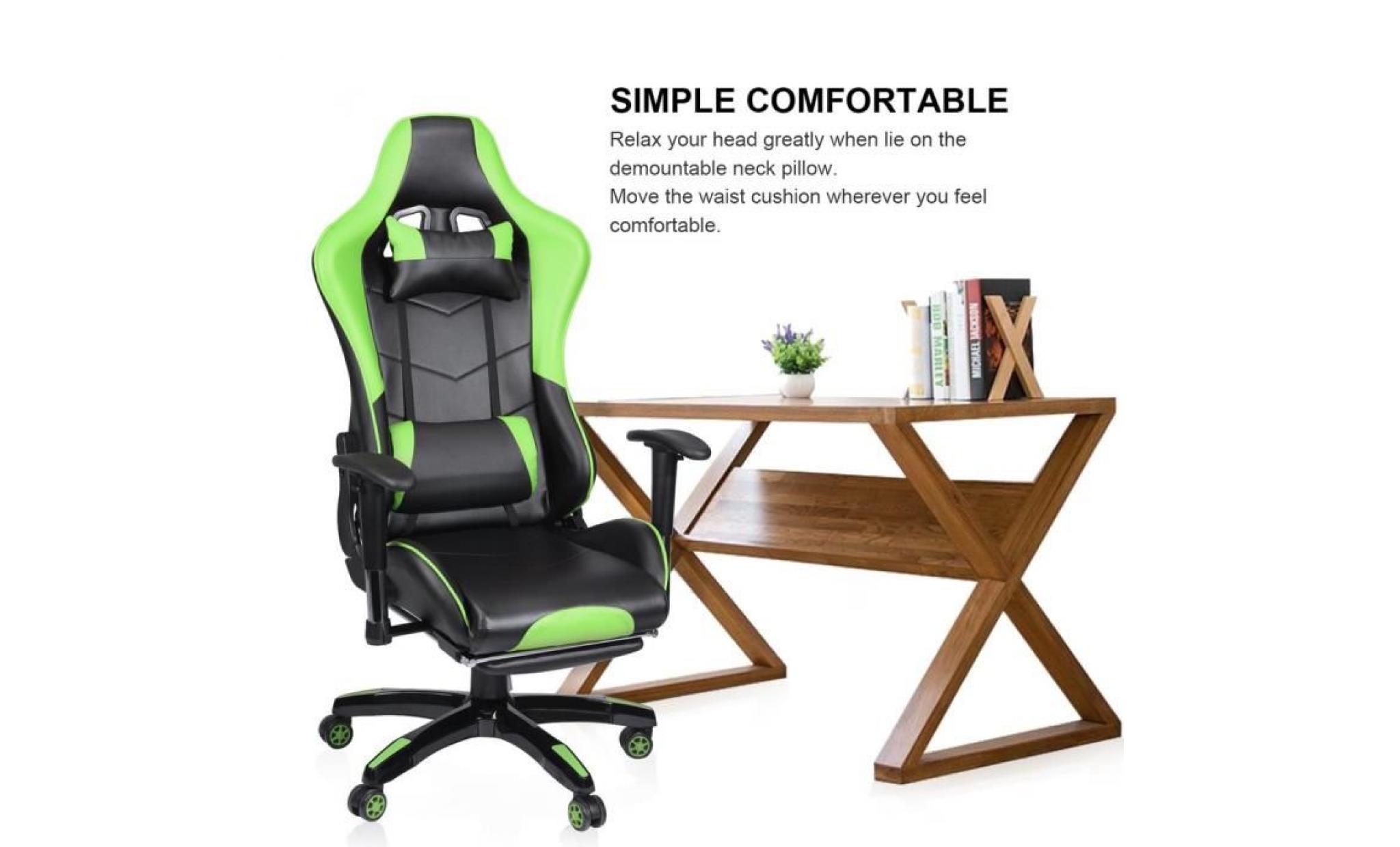 chaise de gaming avec repose pied rotation 360 degrés siege gaming vert