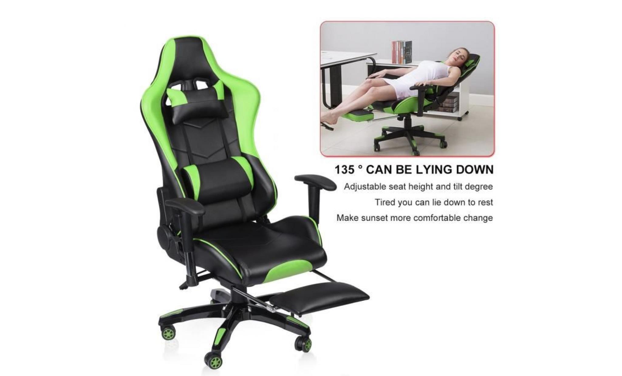 chaise de gaming avec repose pied rotation 360 degrés siege gaming vert pas cher