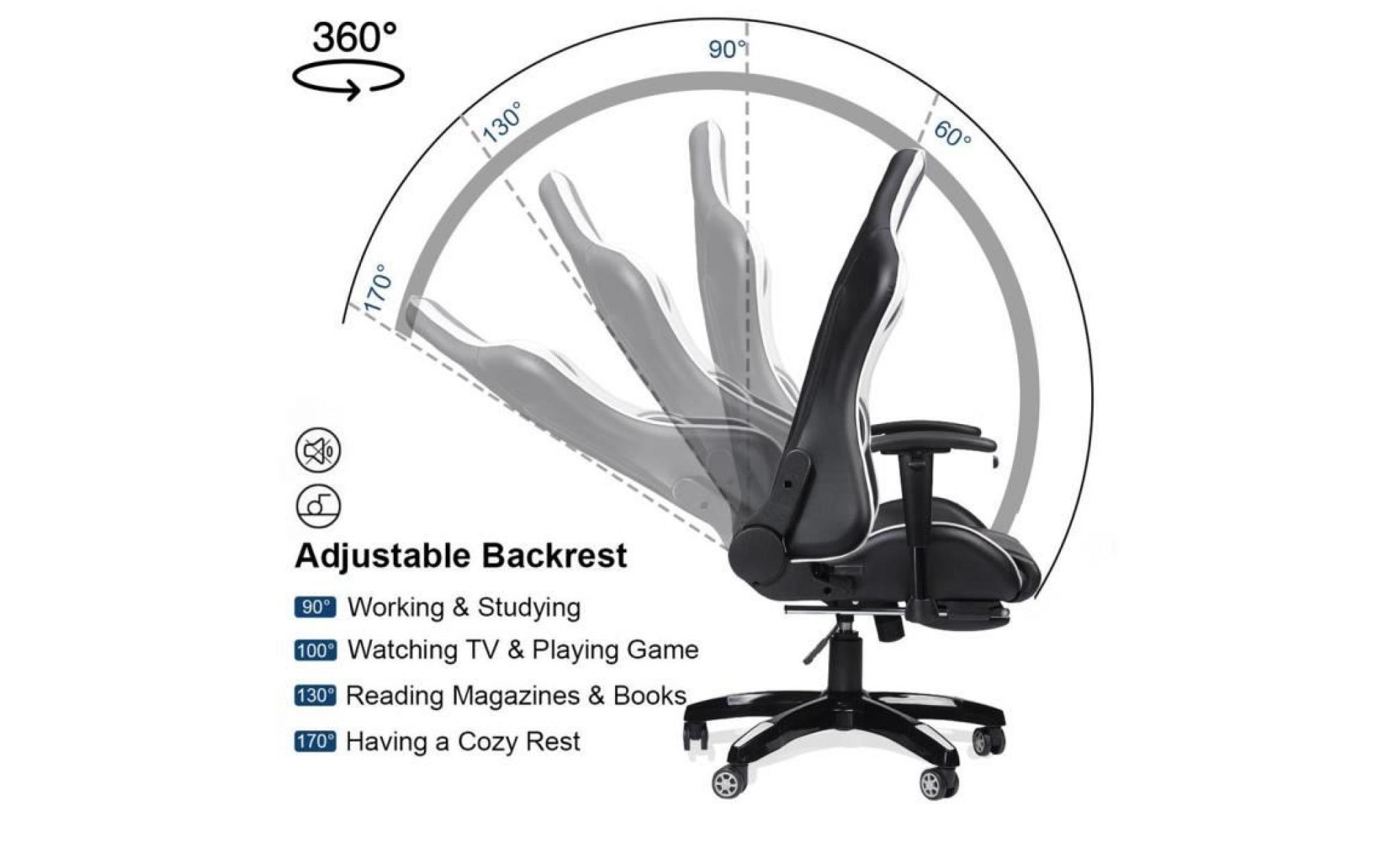 chaise de jeu fauteuil de bureau fauteuil gamer avec repose pied 135° hauteur réglable blanc+oreiller graduit pas cher