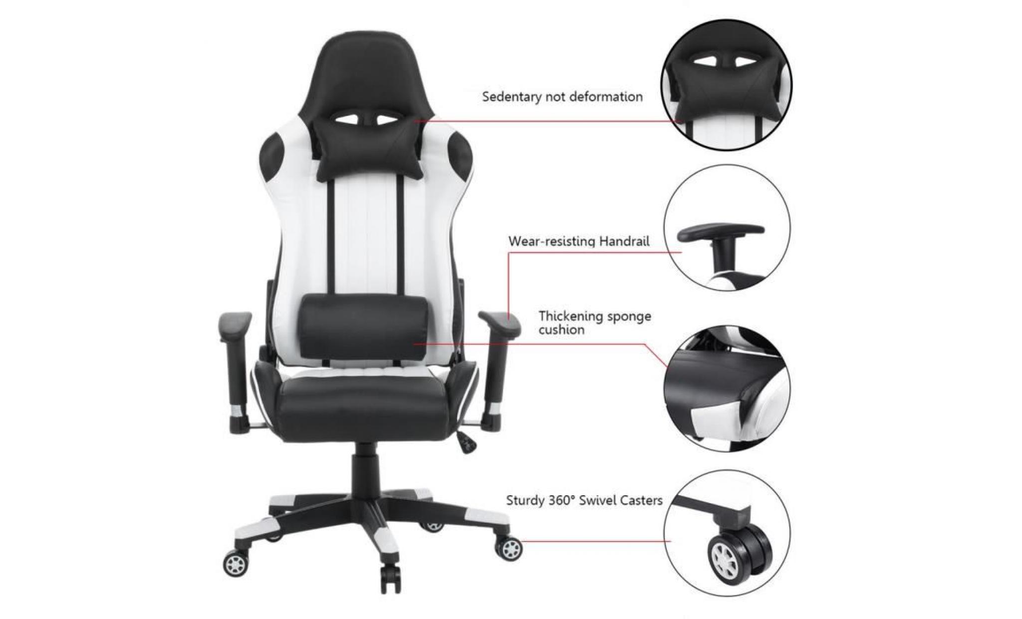 chaise de jeu   fauteuil gamer anti fatigue pivotantes À 360°   blanc