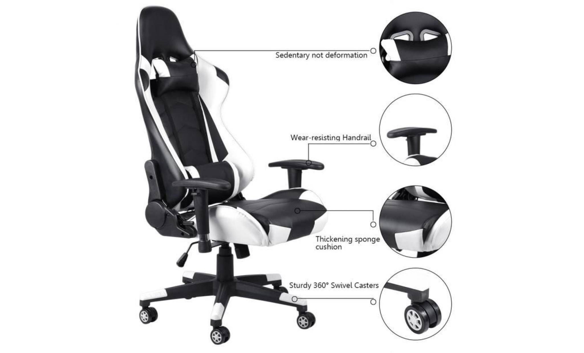 chaise de jeu pivot à 135° chaise de bureau fauteuil gamer hauteur réglable blanc pas cher