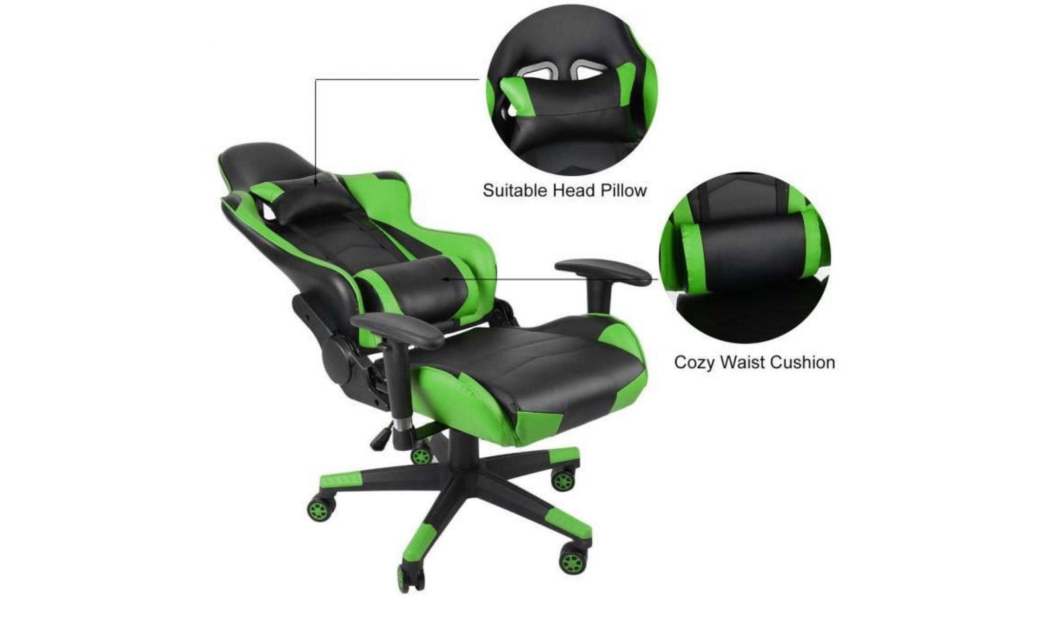 chaise de jeu roulettes à 360 degrés hauteur réglable verte et noire pour bureau pas cher