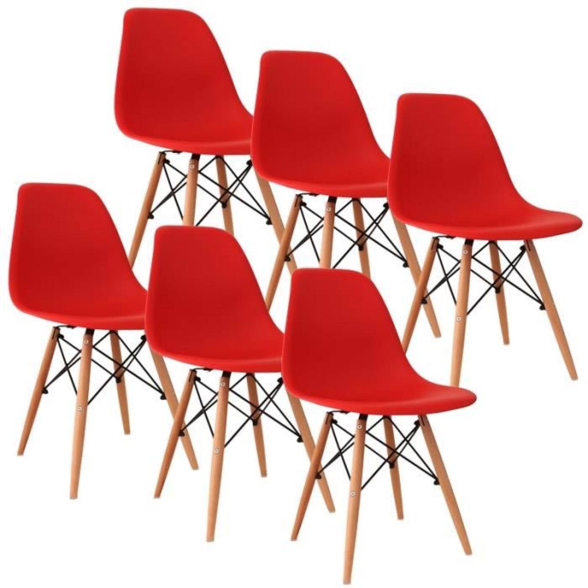 Chaise design rouge pieds en bois RETRO lot de 6