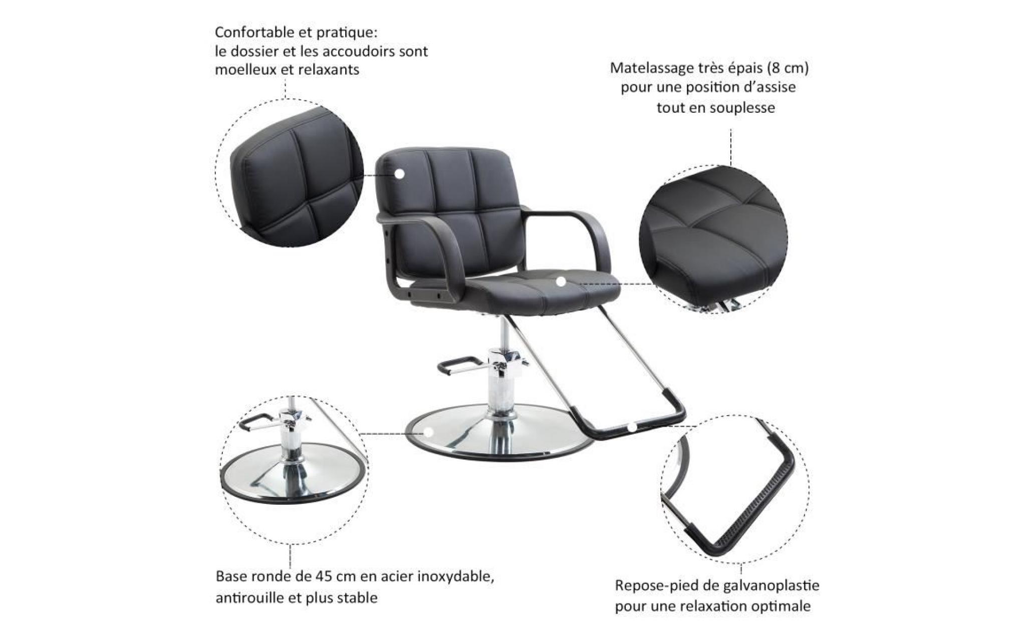 chaise fauteuil de coiffeur pivotant hauteur réglable repose pied base acier inox charge max. 110 kg similicuir capitonné noir 019 pas cher