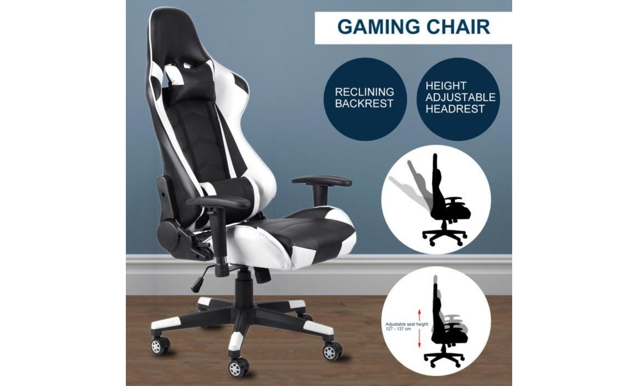 chaise fauteuil de jeu de bureau gamer pivot à 135° hauteur réglable en cuir dossier incliné 180degrés    blanc