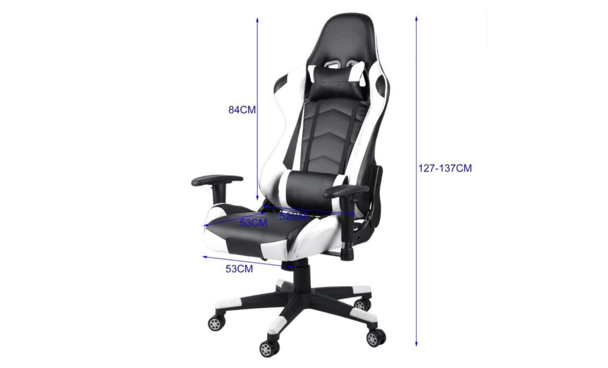 chaise fauteuil de jeu de bureau gamer pivot à 135° hauteur réglable en cuir dossier incliné 180degrés    blanc pas cher