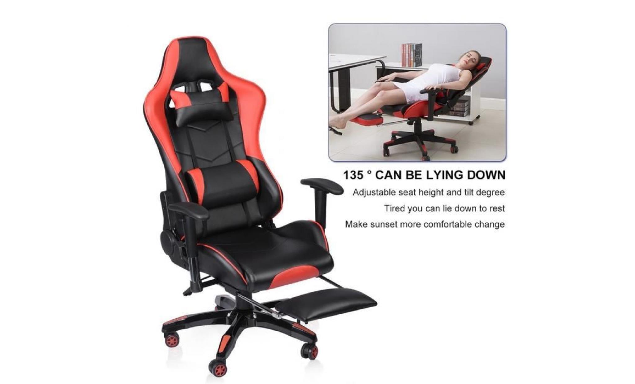 chaise fauteuil siège de bureau de course avec repose pieds télescopique trône de e sport roi   noir et rouge