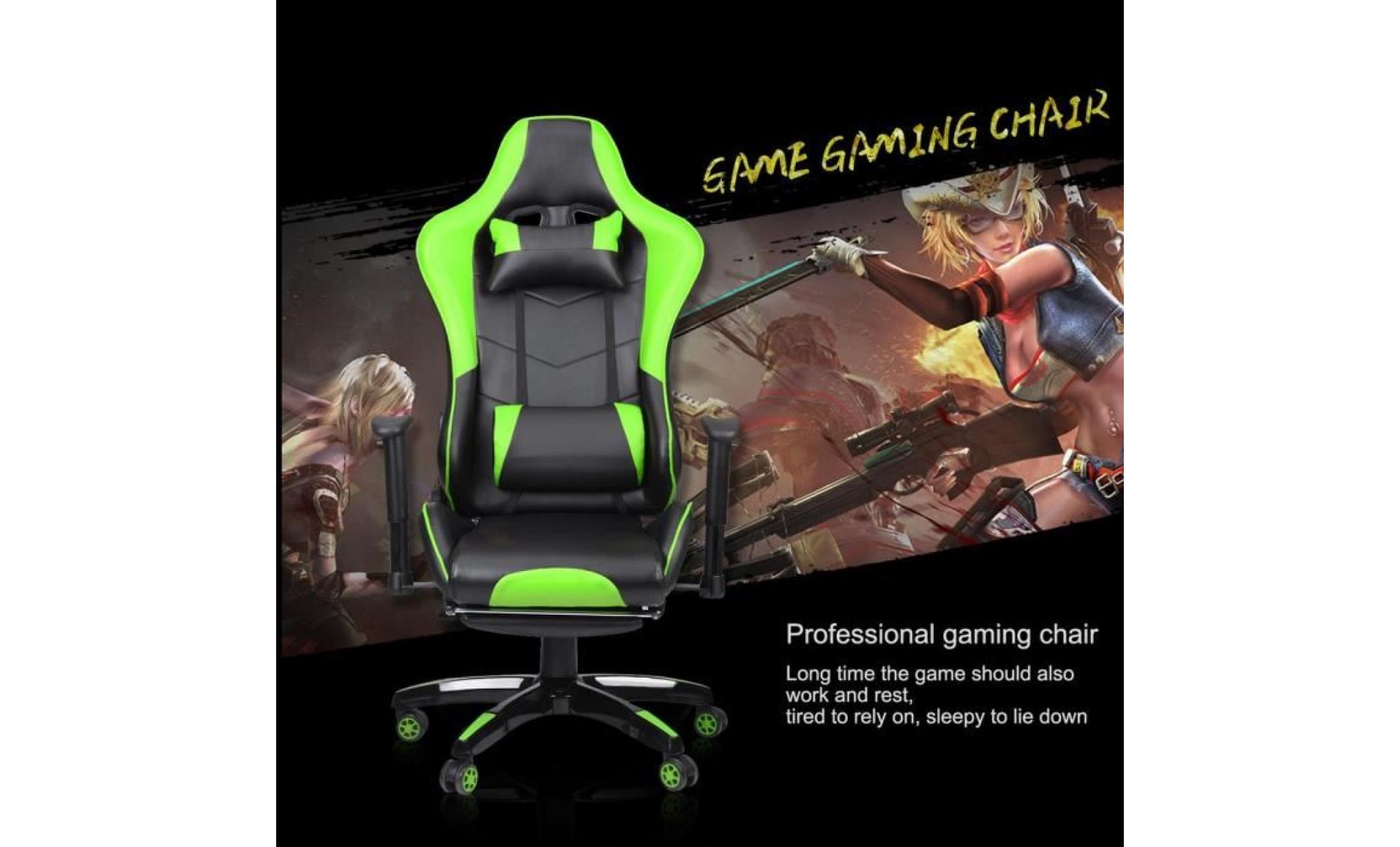 chaise gamer 135°fauteuil pivotant de jeu hauteur réglable pu cuir vert noir