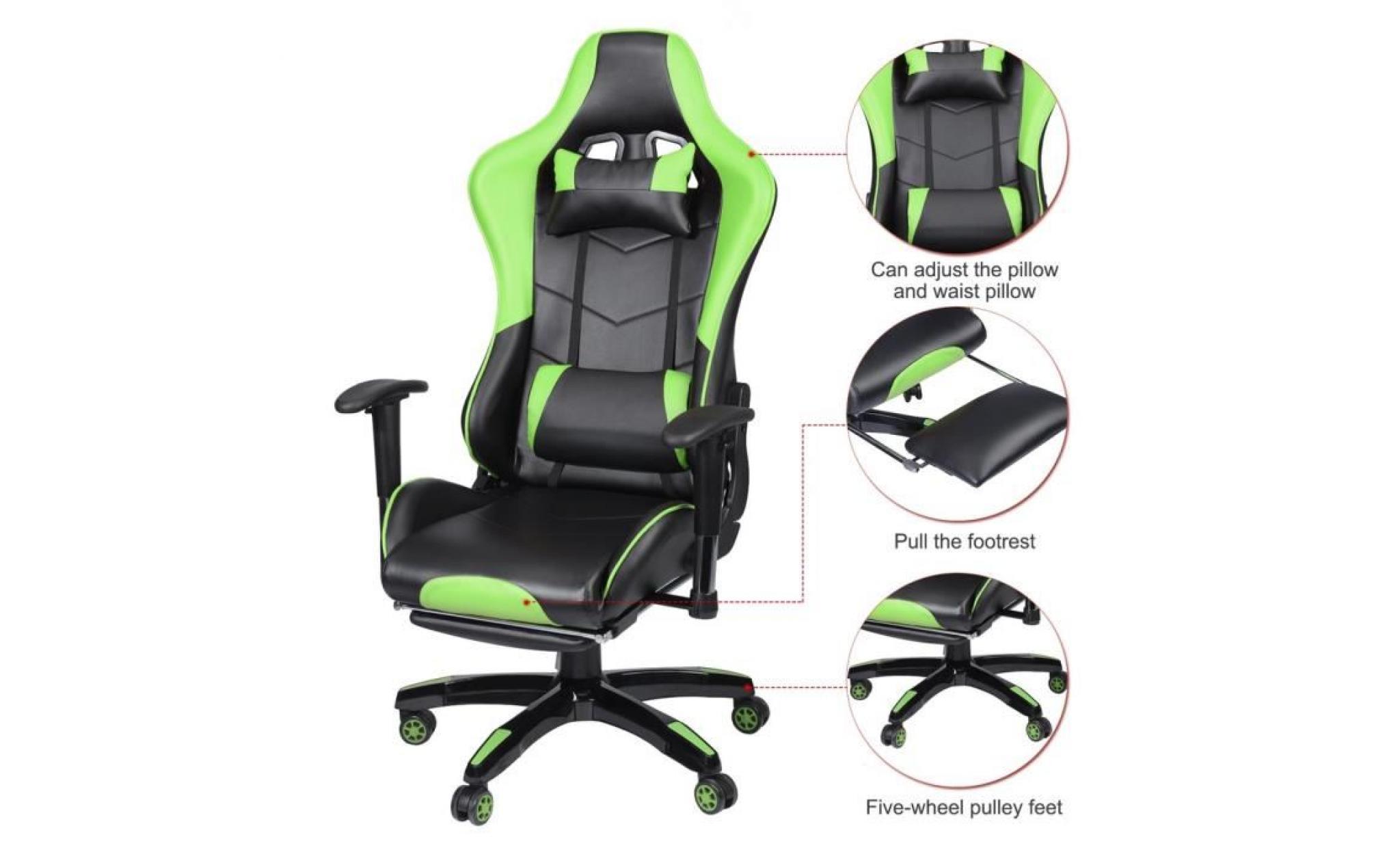 chaise gamer 135°fauteuil pivotant de jeu hauteur réglable pu cuir vert noir pas cher