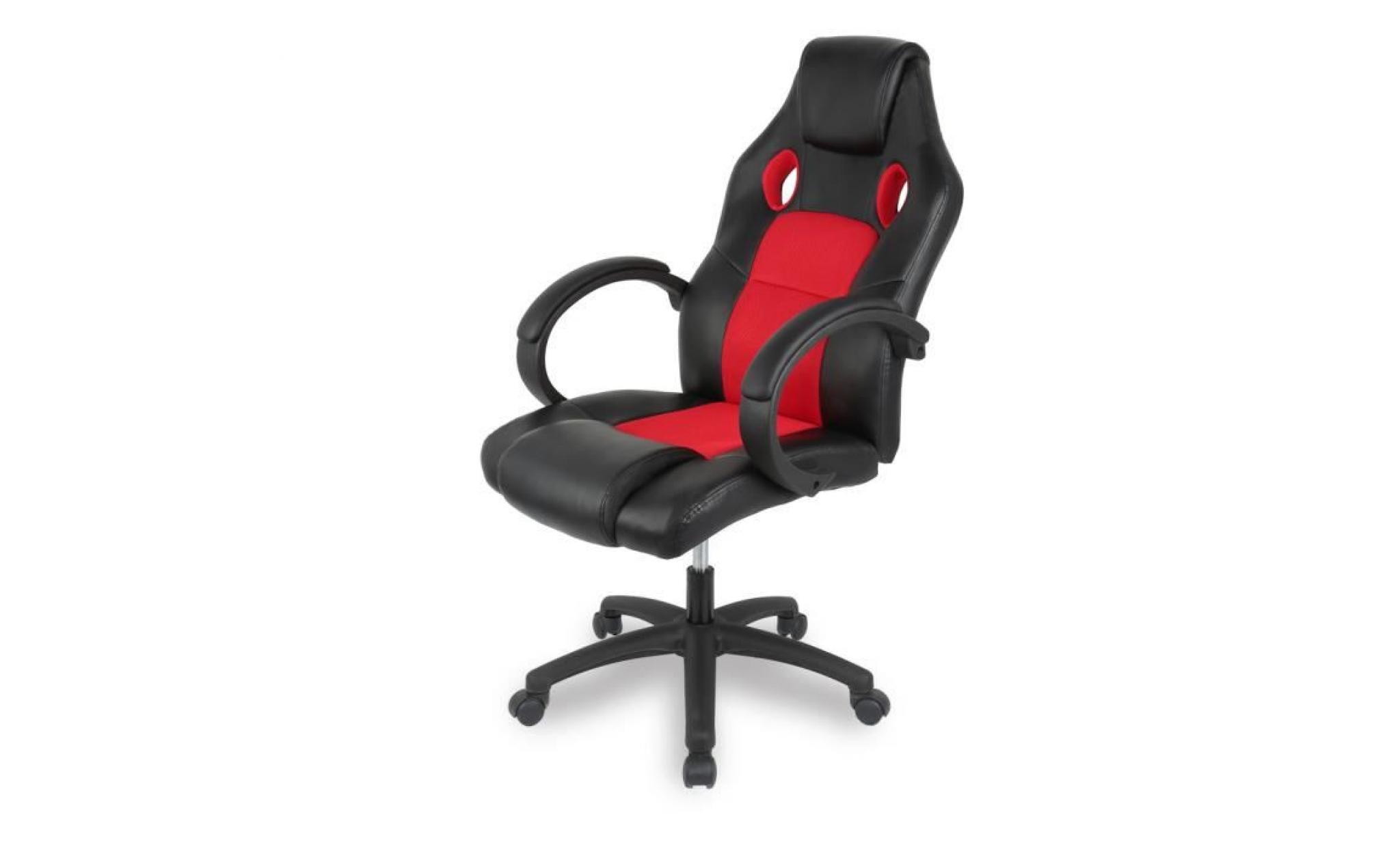 chaise gamer design baquet, fauteuil de bureau   simili noir et tissu rouge   réglable et pivotant