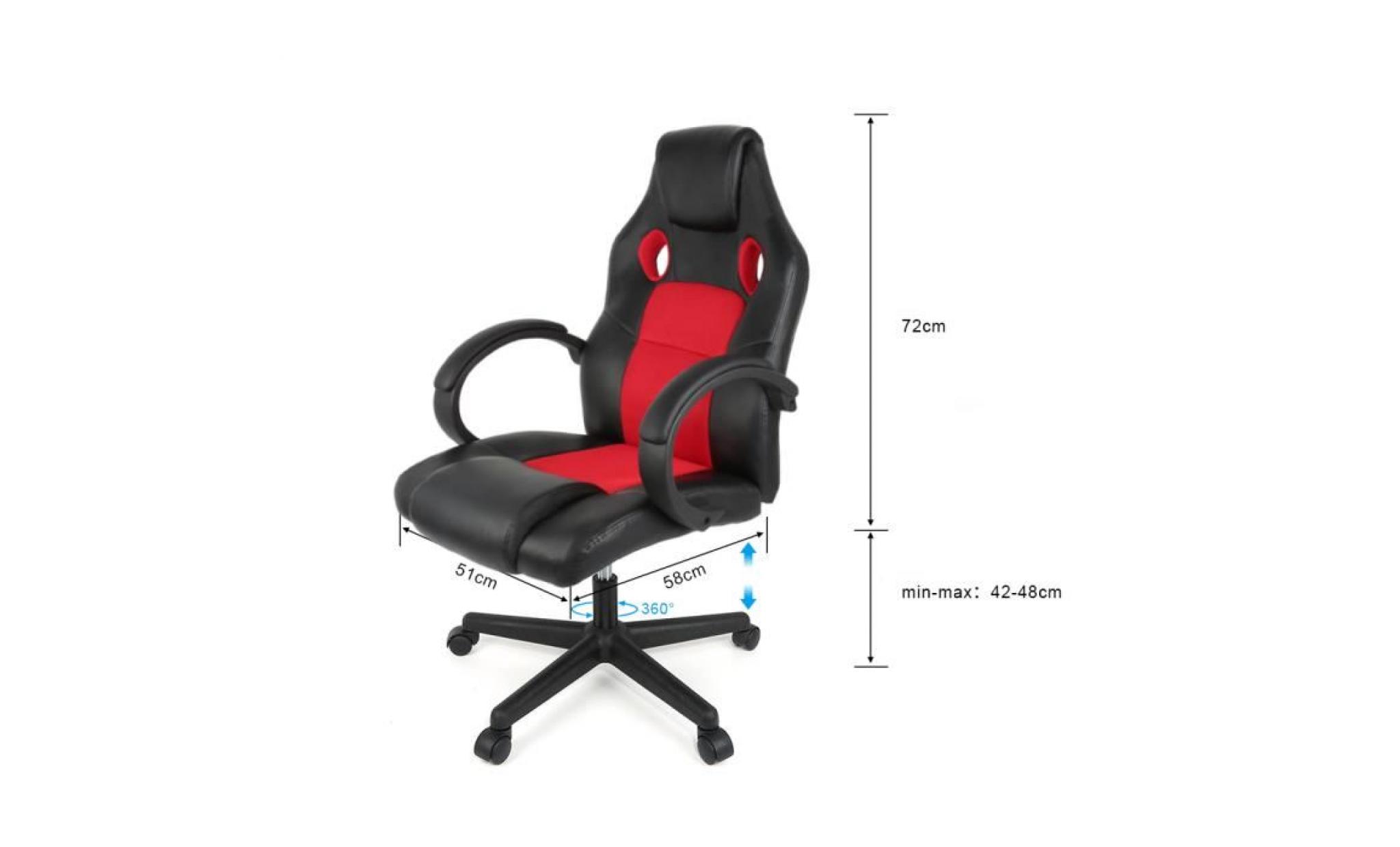 chaise gamer design baquet, fauteuil de bureau   simili noir et tissu rouge   réglable et pivotant pas cher