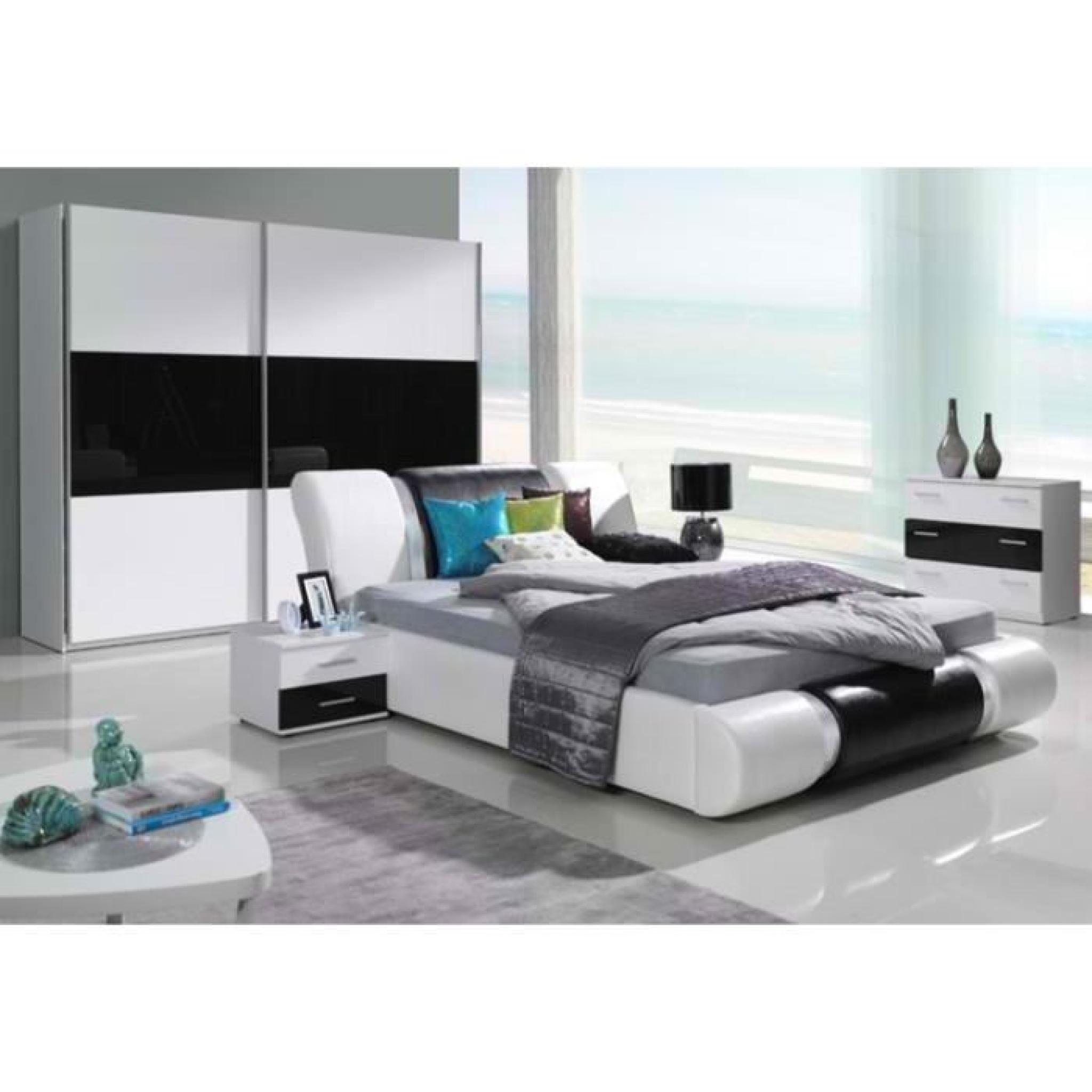 Chambre à coucher complète TEXAS design noire et blanche. Lit + armoire + commode + 2 chevets