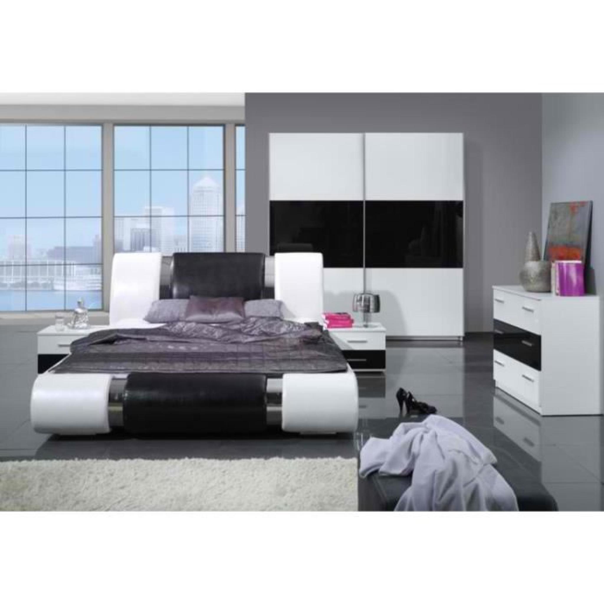 Chambre à coucher complète TEXAS design noire et blanche. Lit + armoire + commode + 2 chevets pas cher