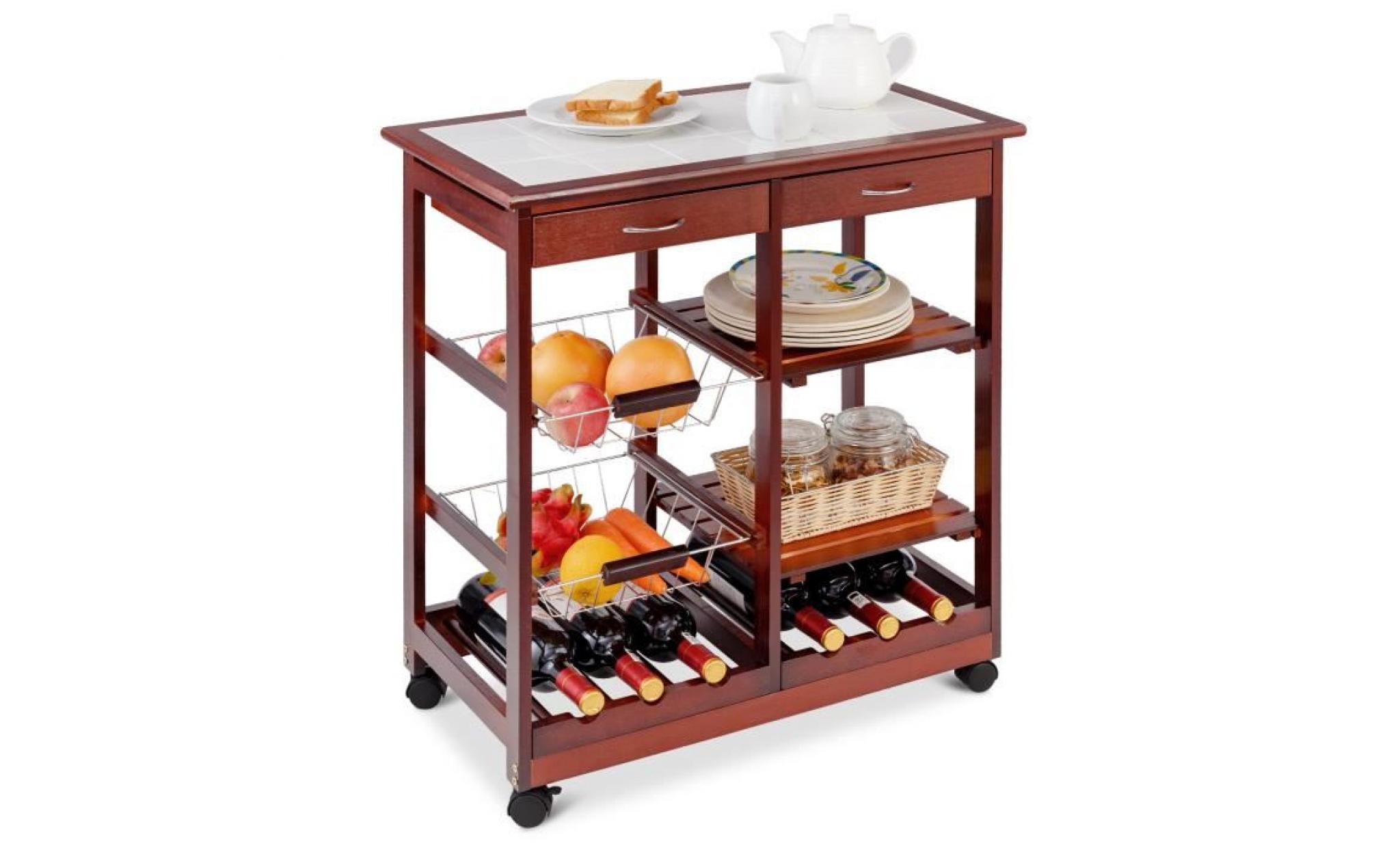 chariot de cuisine desserte à roulettes en bois etagère de la cuisine avec tiroir etagère vin et un porte serviette 67x37x76cm bai