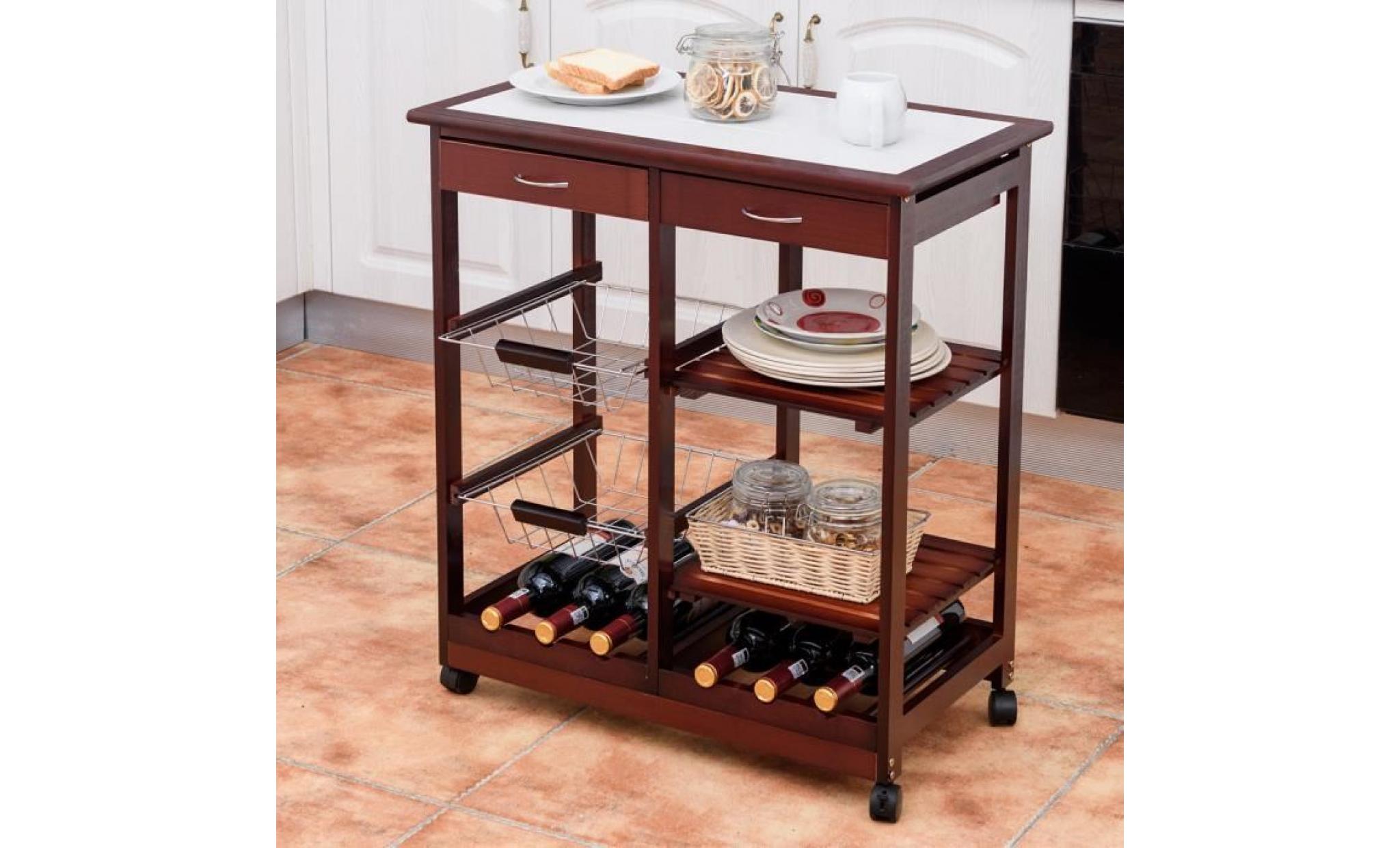 chariot de cuisine desserte à roulettes en bois etagère de la cuisine avec tiroir etagère vin et un porte serviette 67x37x76cm bai pas cher