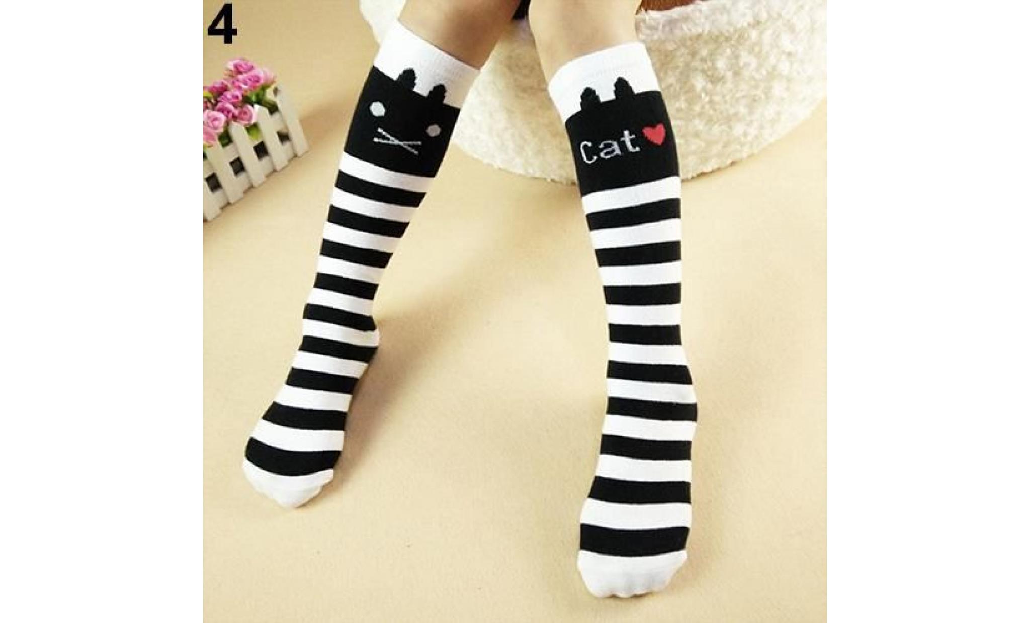 chaussettes hautes en coton pour enfant, chat mignon, en tube, chaussettes de bonneterie droites, rayées, noir + blanc