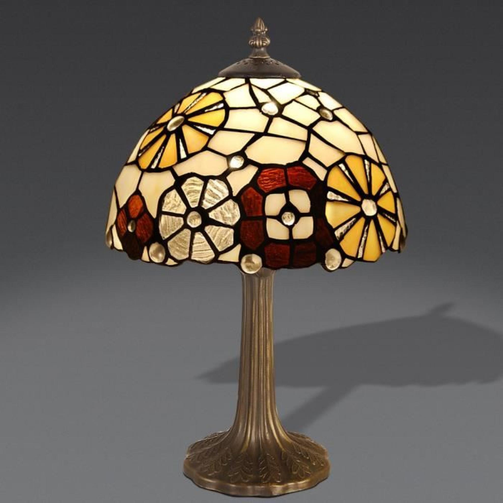 Chevet avec des fleurs géométriques Lampe de chevet avec abat-jour de verre soudé de style Tiffany et base de métallique bronzé