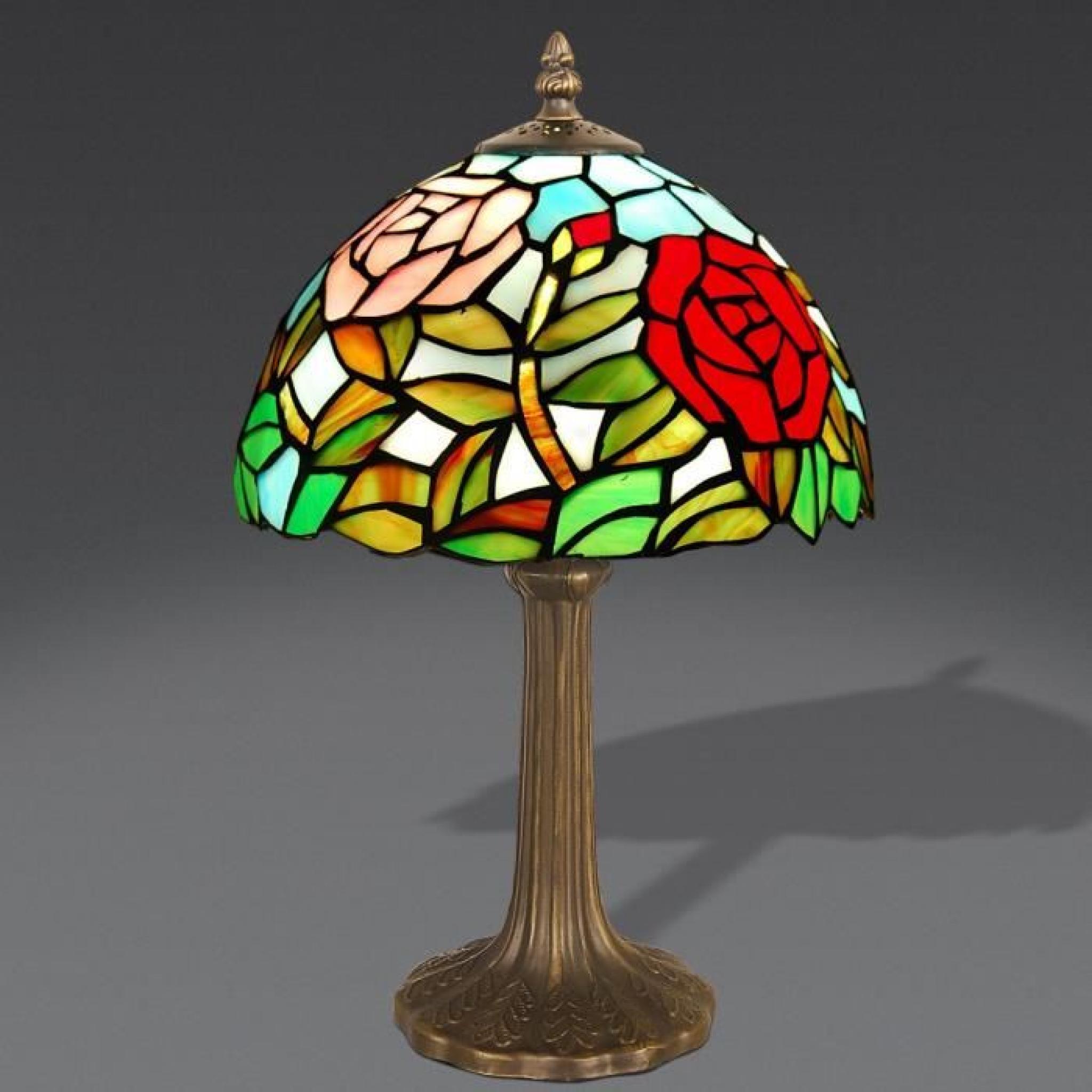 Chevet avec rose Lampe de chevet avec abat-jour de verre soudé de style Tiffany et base de métallique bronzé