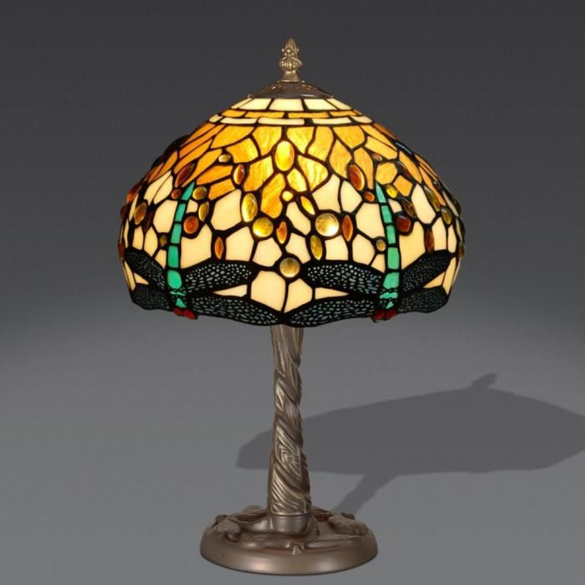 Chevet libellule Lampe de chevet avec abat-jour de verre soudé de style Tiffany et base de métallique bronzé
