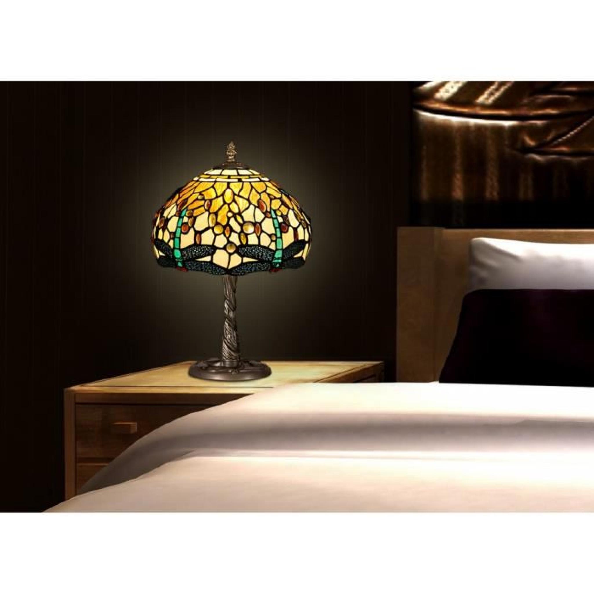 Chevet libellule Lampe de chevet avec abat-jour de verre soudé de style Tiffany et base de métallique bronzé pas cher
