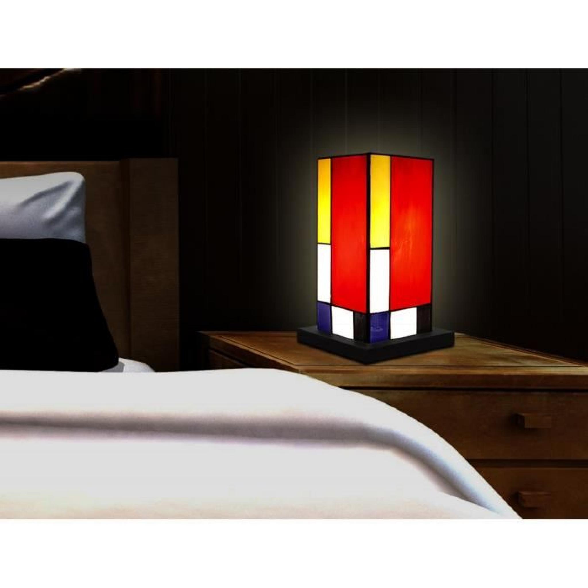 Chevet Mondrian a colonne Lampe de chevet avec abat-jour de verre soudé de style Tiffany et base de bois pas cher