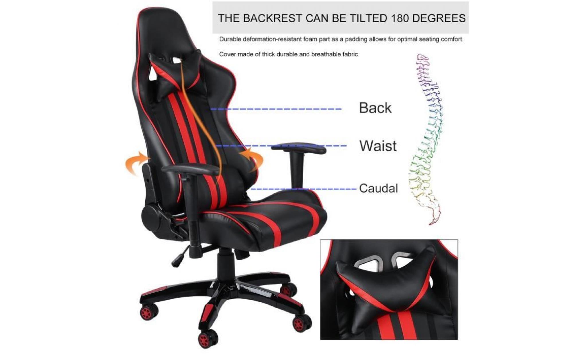 chic design  noir+rouge  chaise pivotante de jeu bureau maison anti fatigue vertèbre protection pas cher