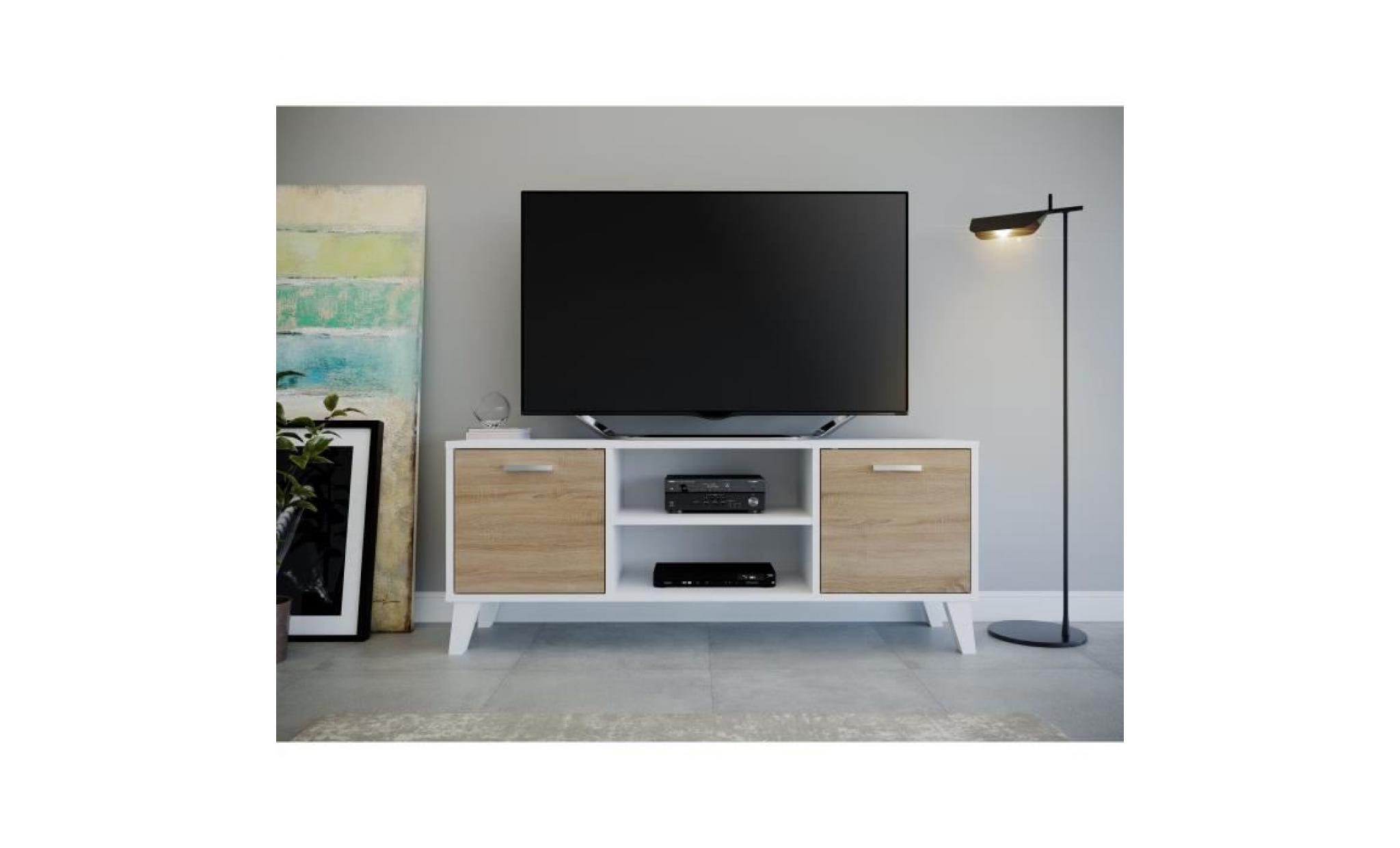 chicago meuble tv contemporain mélaminé blanc mat et décor chêne   l 120 cm pas cher