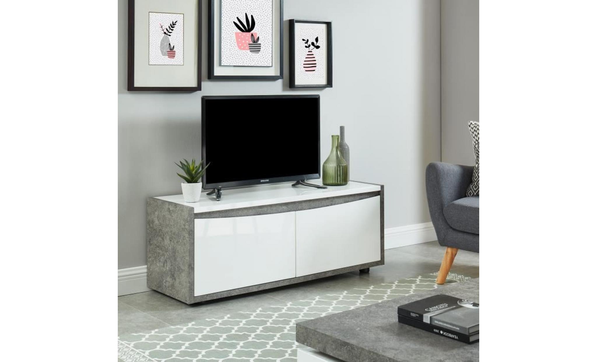 cimentes meuble tv contemporain blanc laqué brillant et effet béton   l 120 cm pas cher