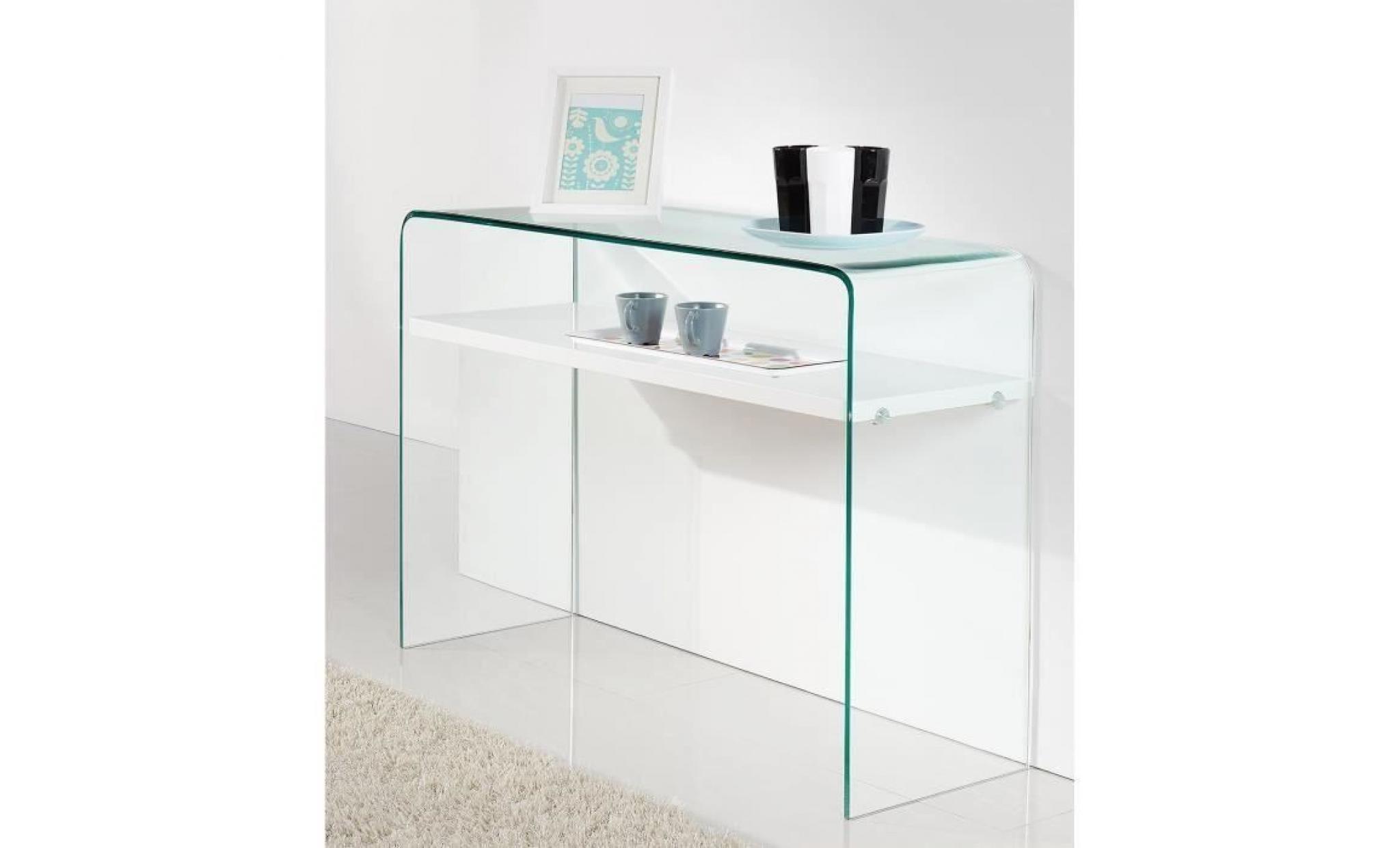 clear console style contemporain en verre trempé transparent laqué blanc brillant   l 110 cm pas cher