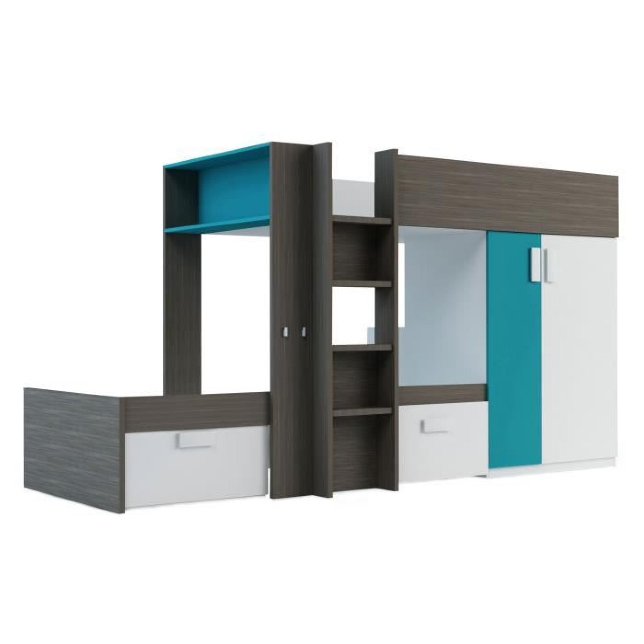 Colores Lits superposés compacts avec 2 grands tiroirs, une armoire avec penderie