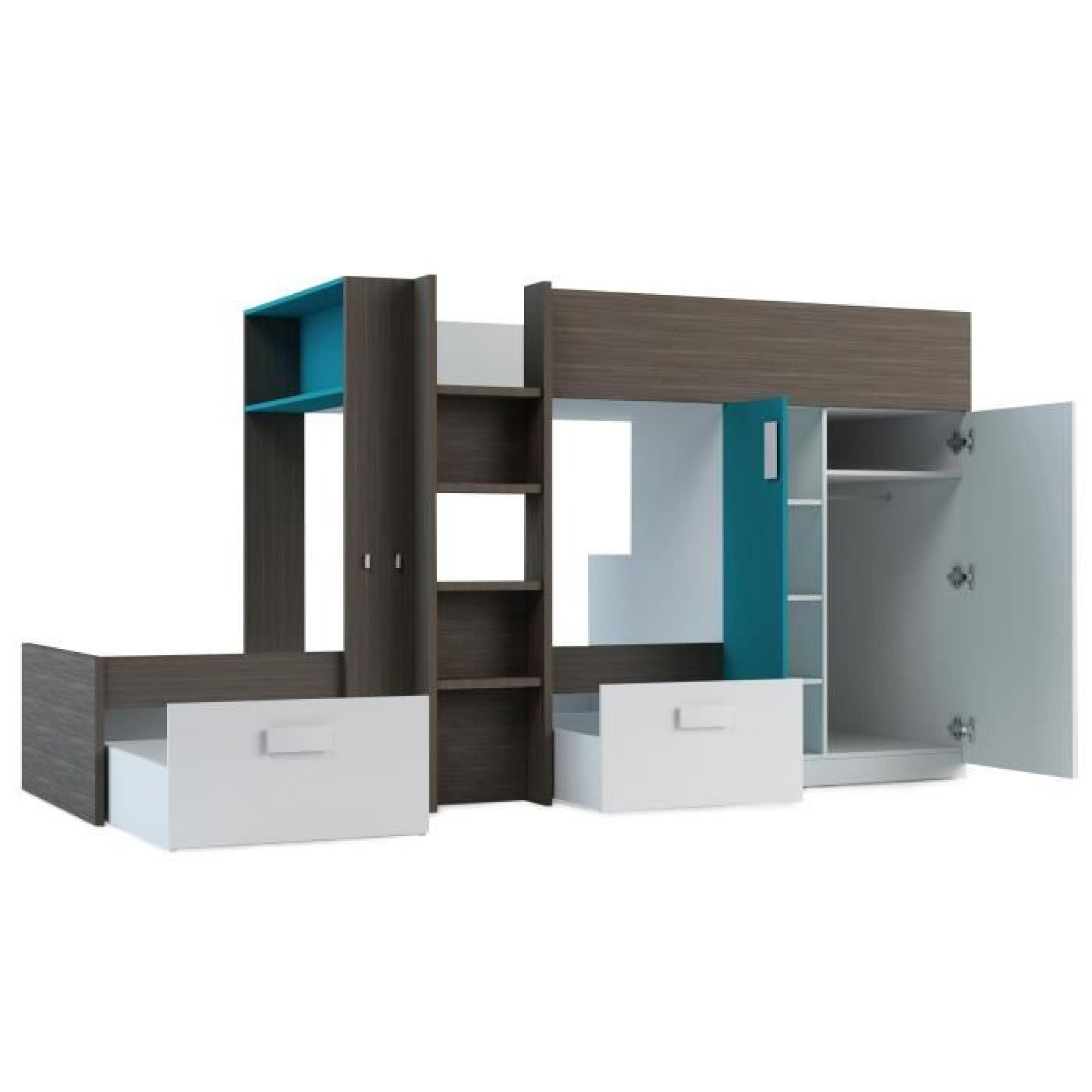 Colores Lits superposés compacts avec 2 grands tiroirs, une armoire avec penderie pas cher