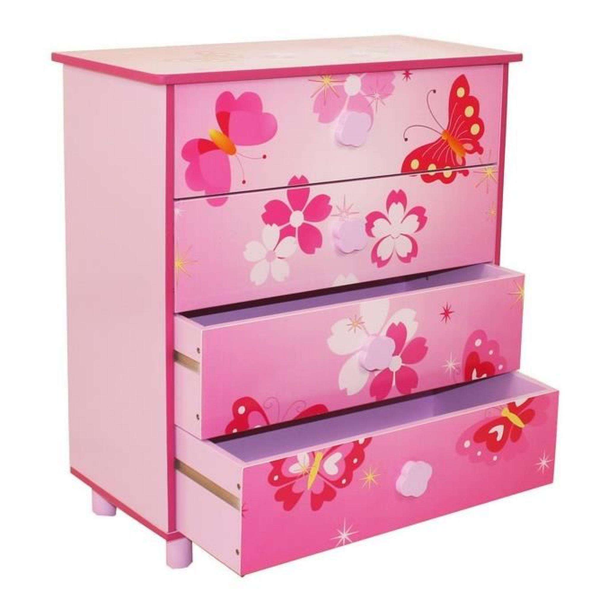 Commode 4 tiroirs chambre enfant motif papillon rose