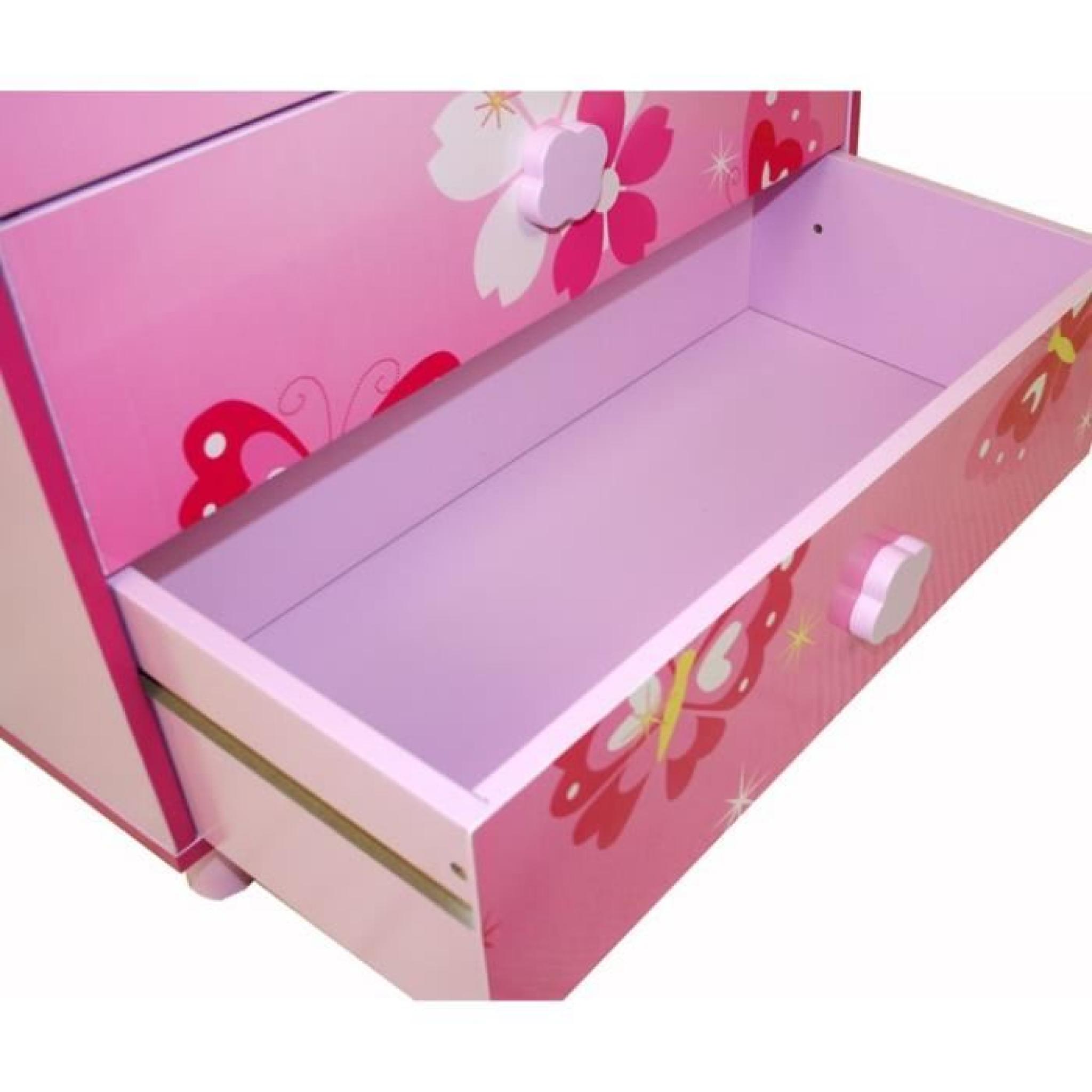 Commode 4 tiroirs chambre enfant motif papillon rose pas cher